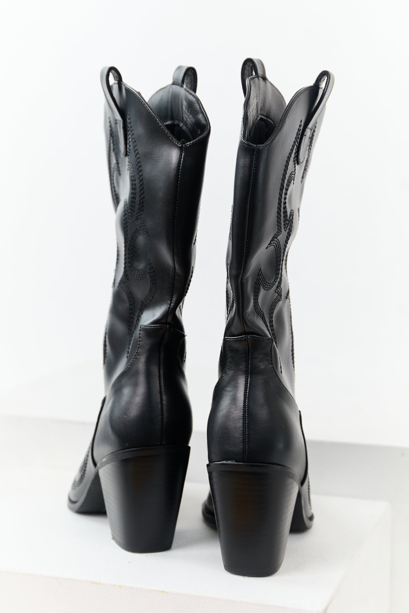 Black Faux Leather Stacked Heel Cowboy Boots