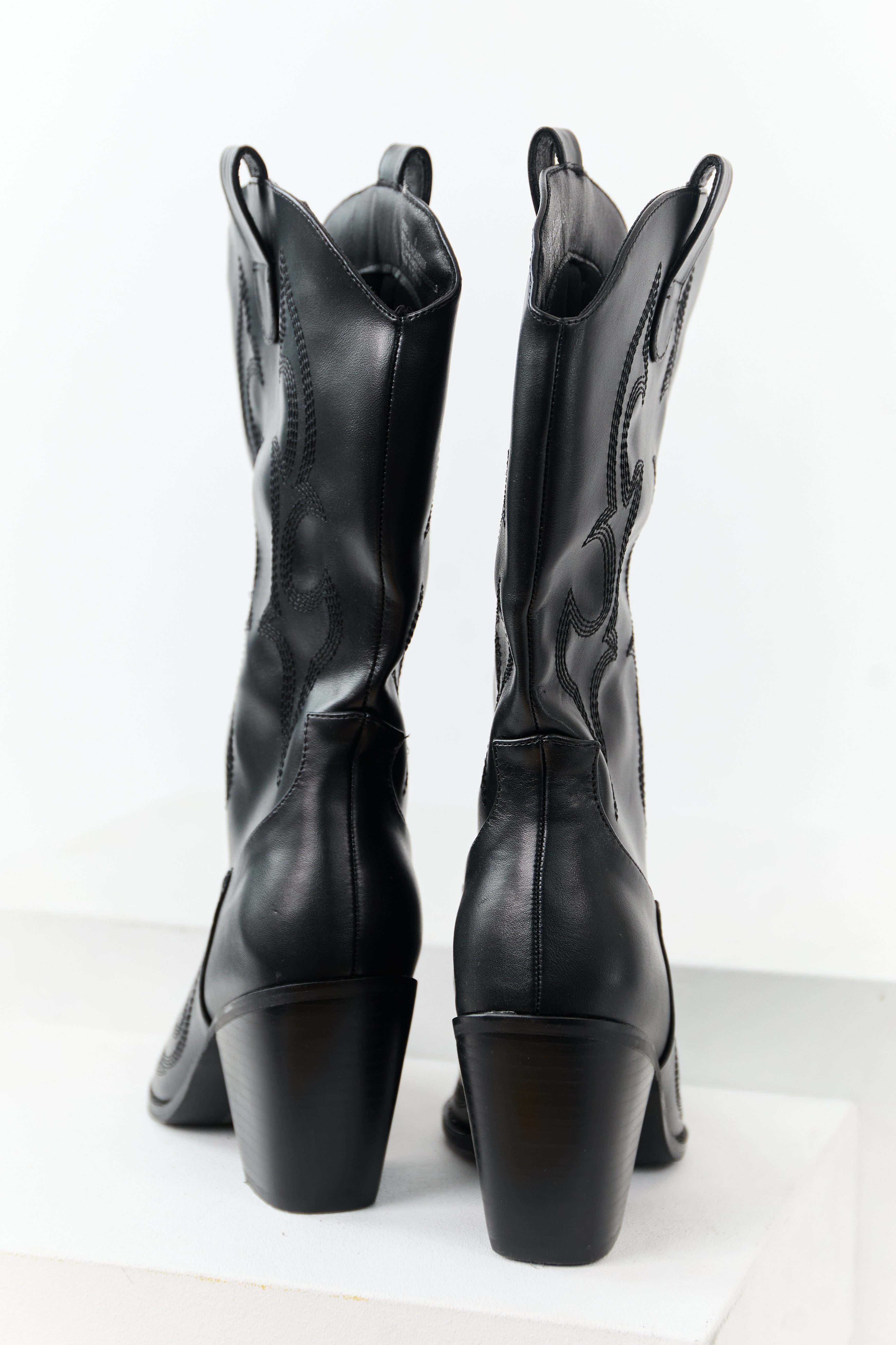 Black Faux Leather Stacked Heel Cowboy Boots