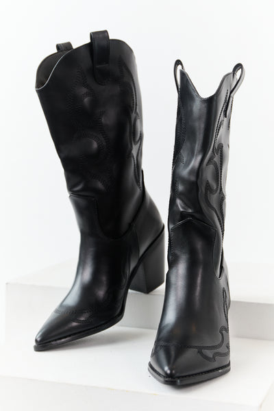 Black Faux Leather Stacked Heel Cowboy Boots