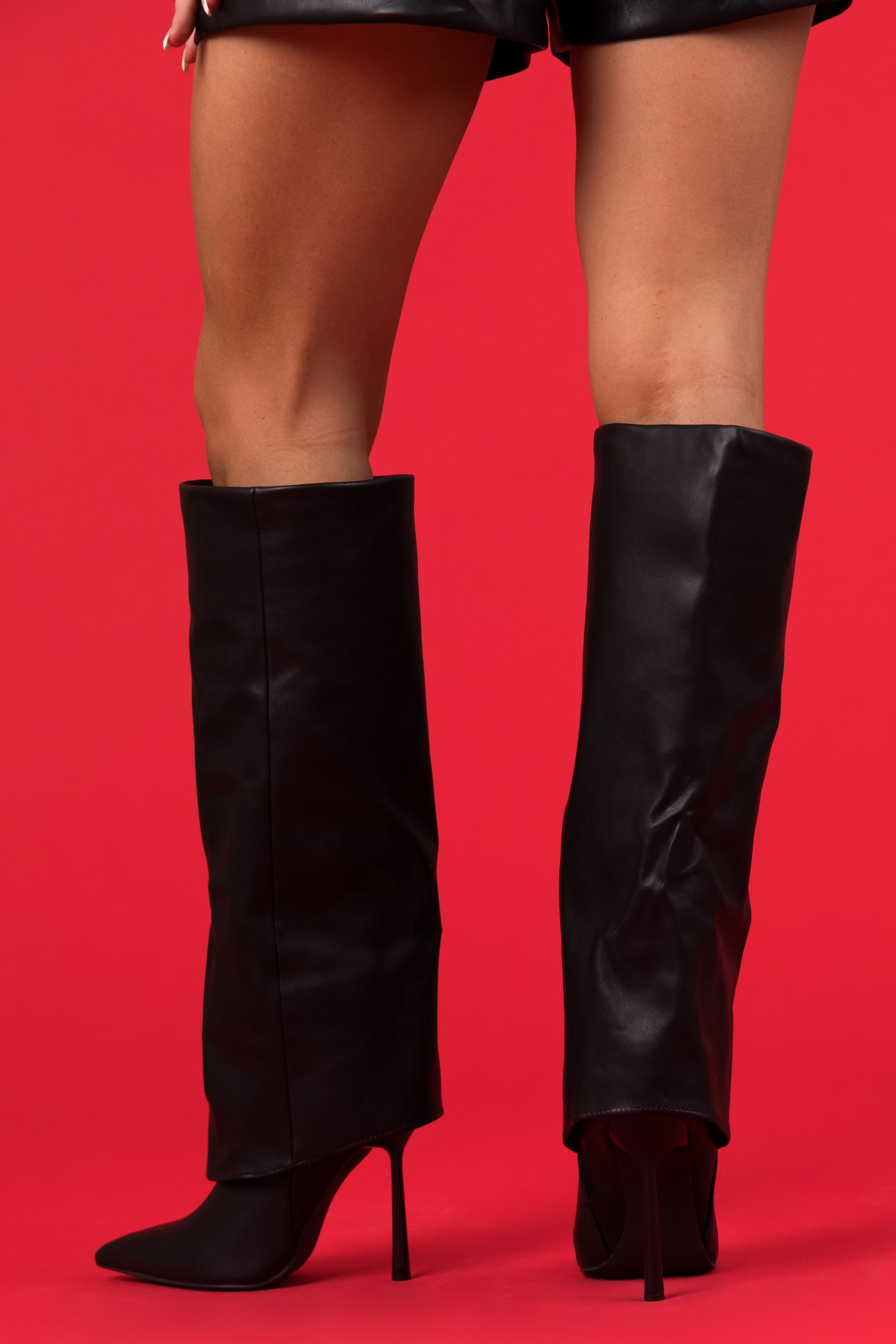 Black Faux Leather Stiletto Heel Fold Over Boots