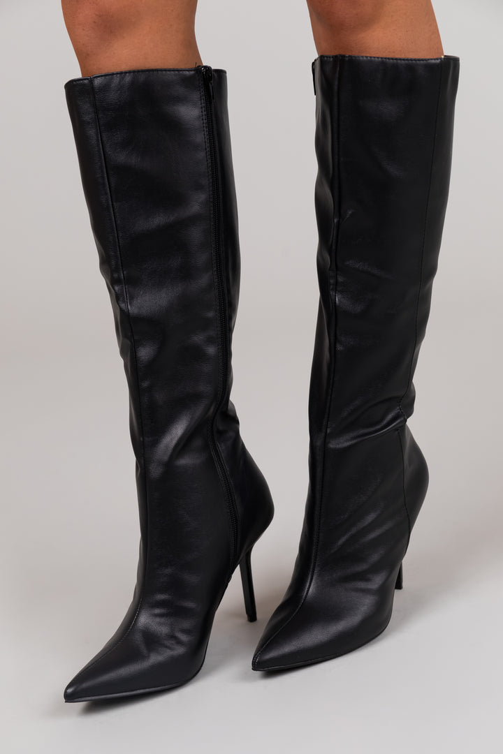 Black Faux Leather Stiletto Knee High Boot