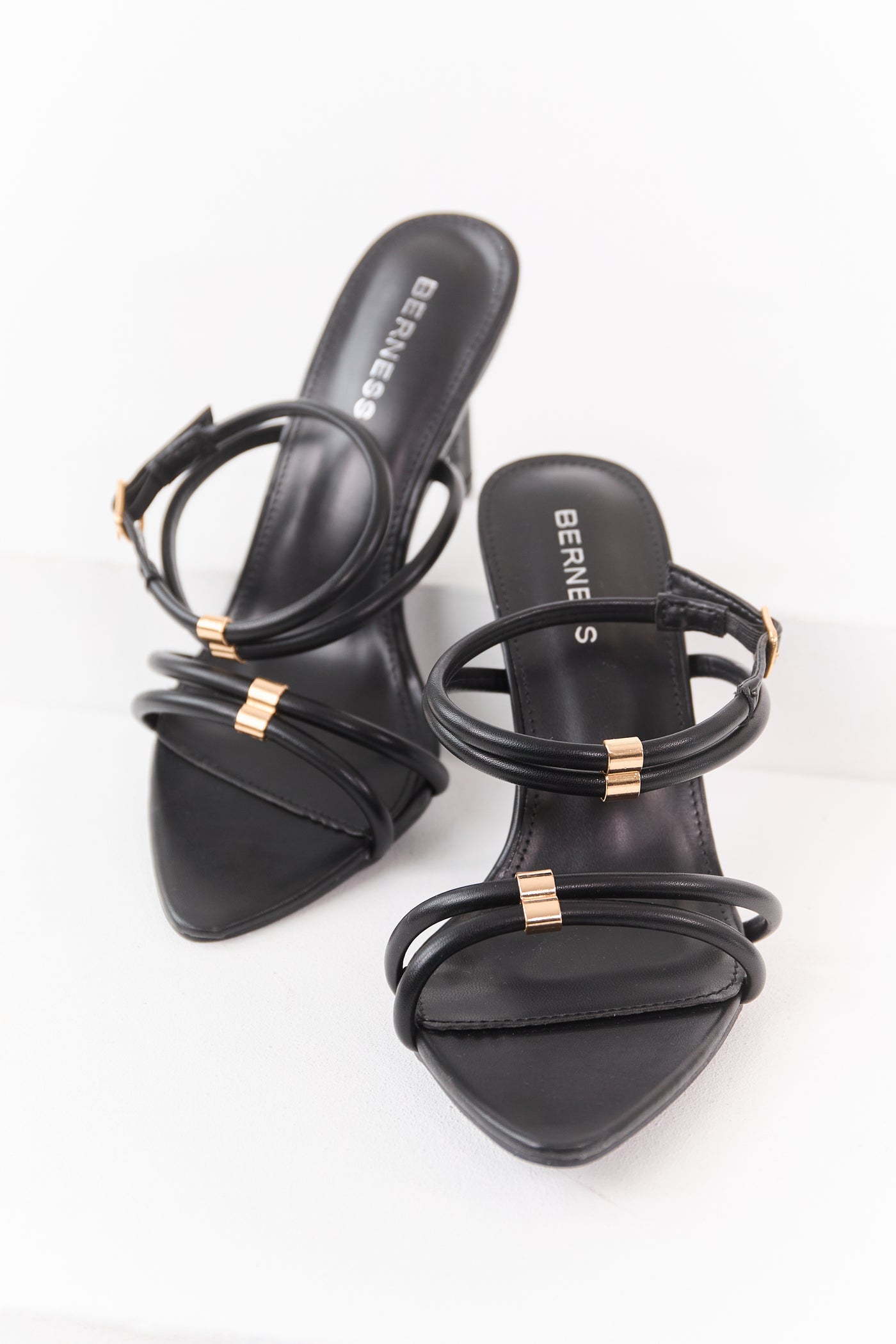 Black Faux Leather Strappy Pointed Toe Heels