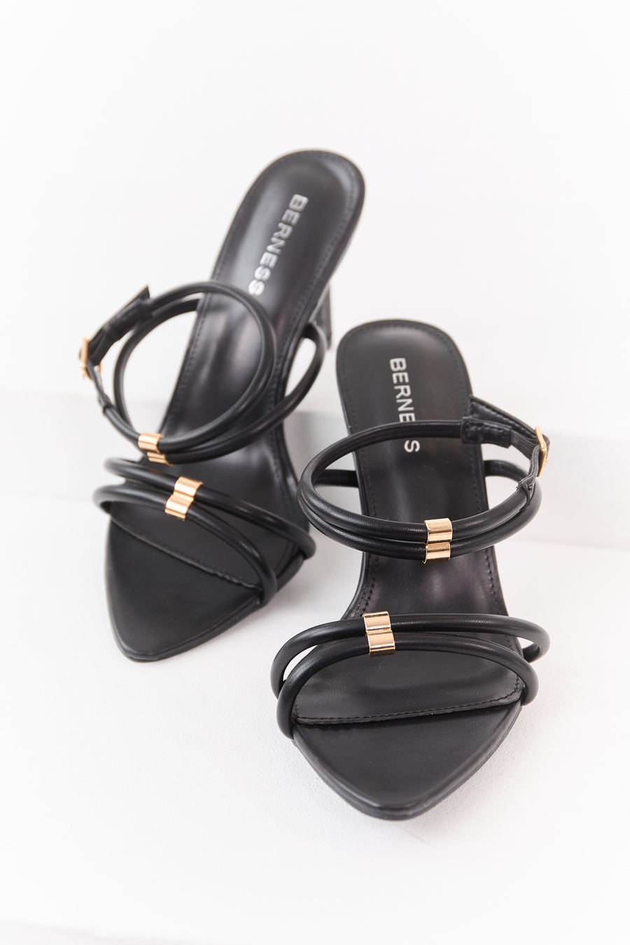 Black Faux Leather Strappy Pointed Toe Heels