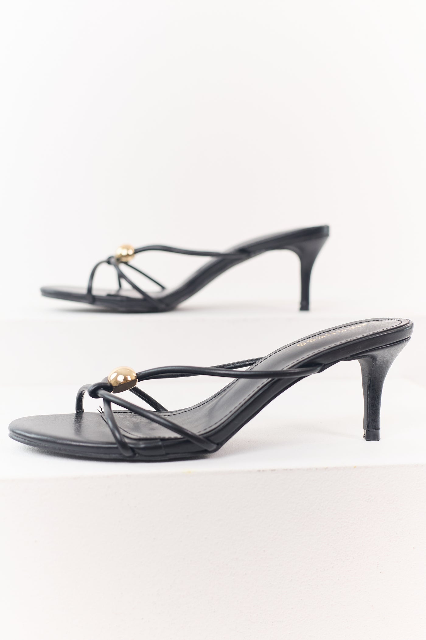 Black Faux Leather Strappy Stiletto Kitten Heels