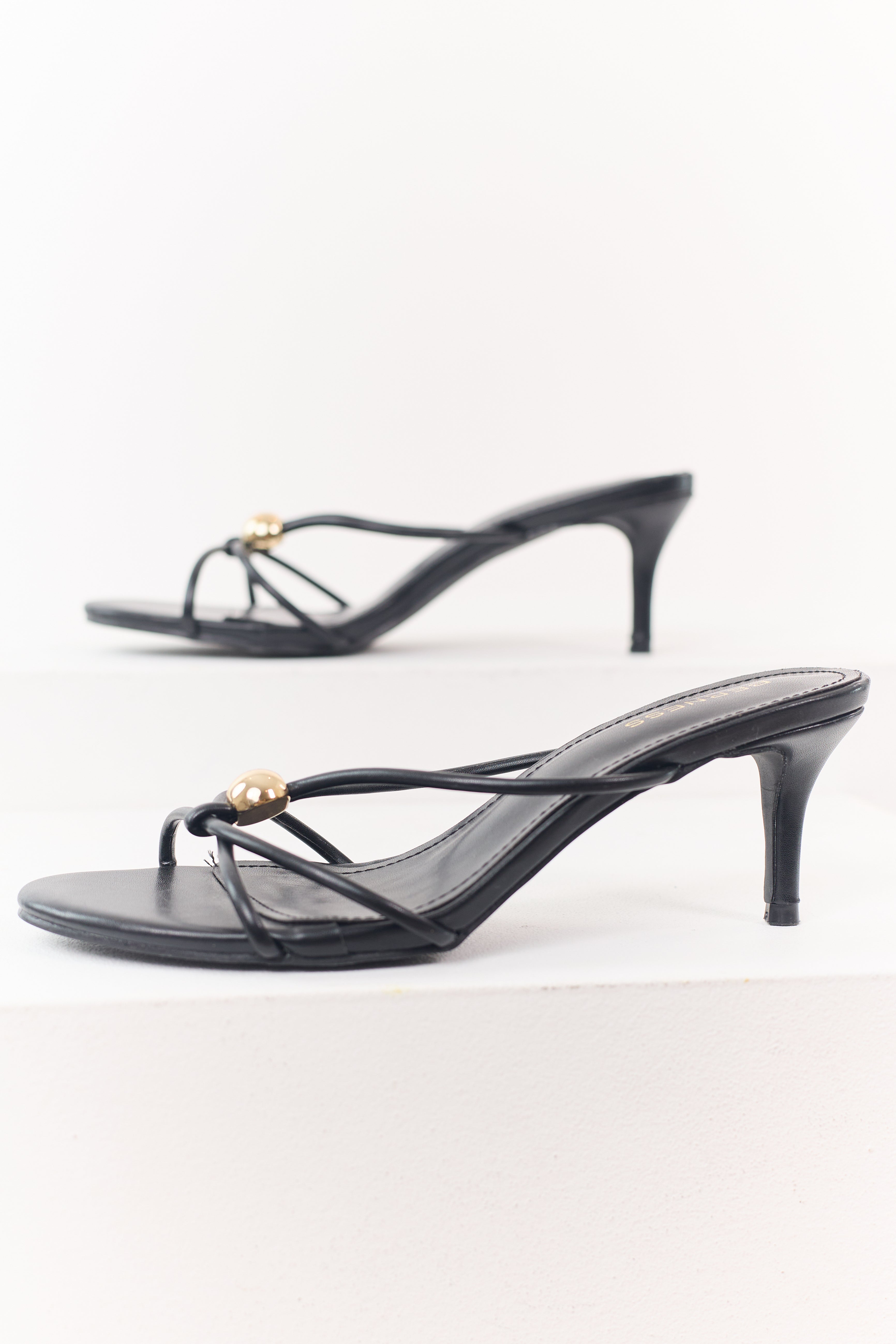 Black Faux Leather Strappy Stiletto Kitten Heels