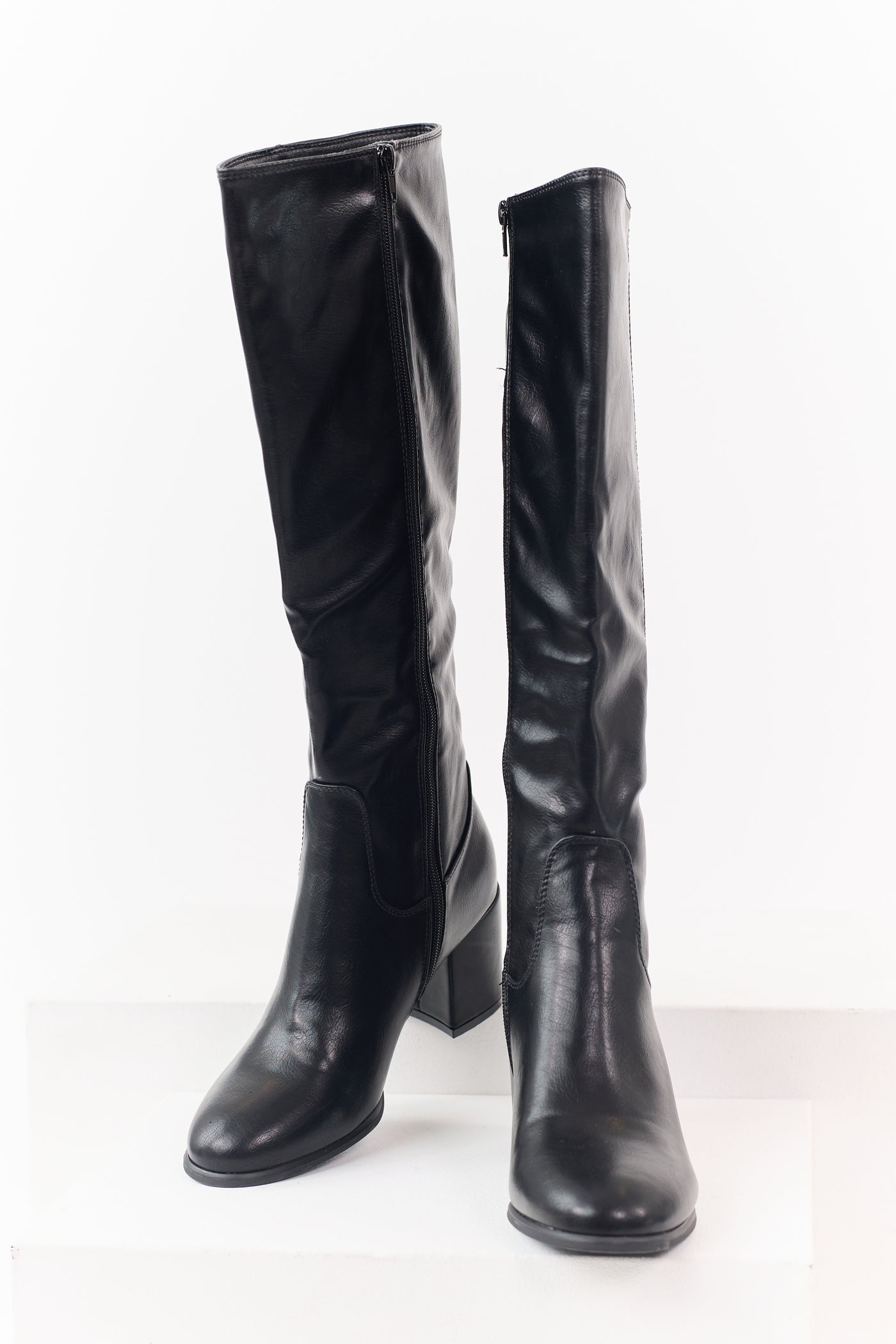 Black Faux Leather Tall Block Heel Boots