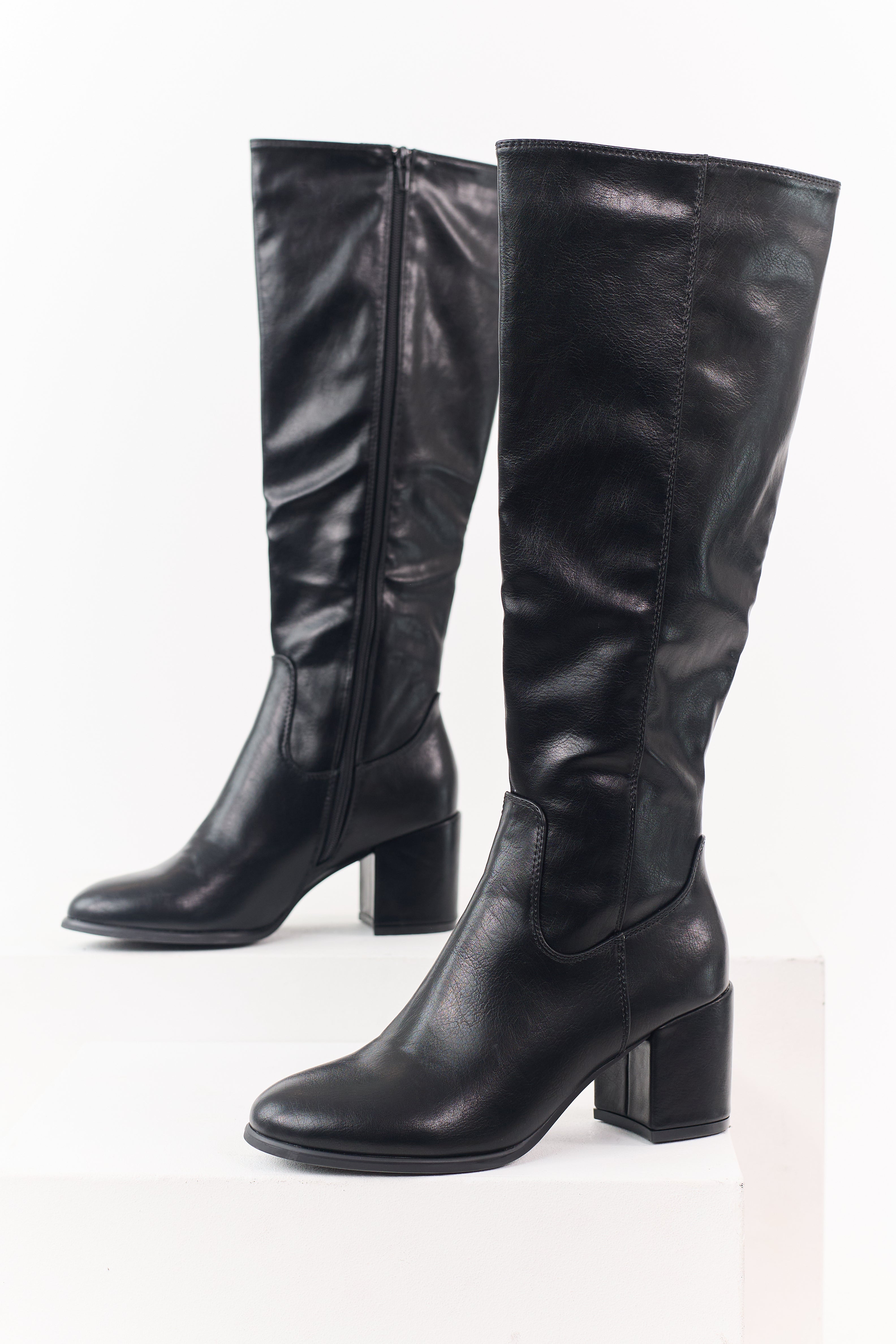 Black Faux Leather Knee High Block Heel Boots | Lime Lush Boutique
