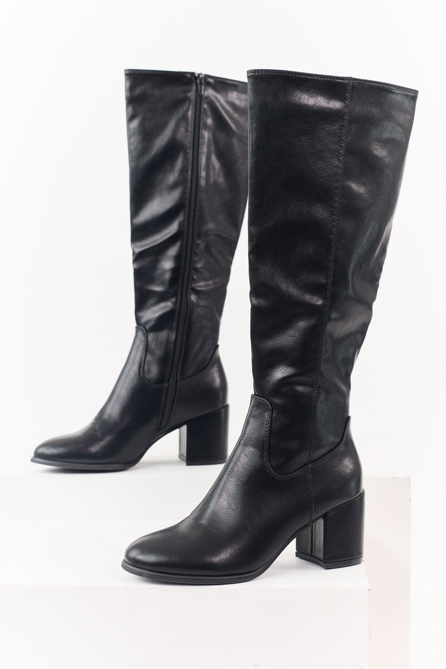 Black Faux Leather Tall Block Heel Boots