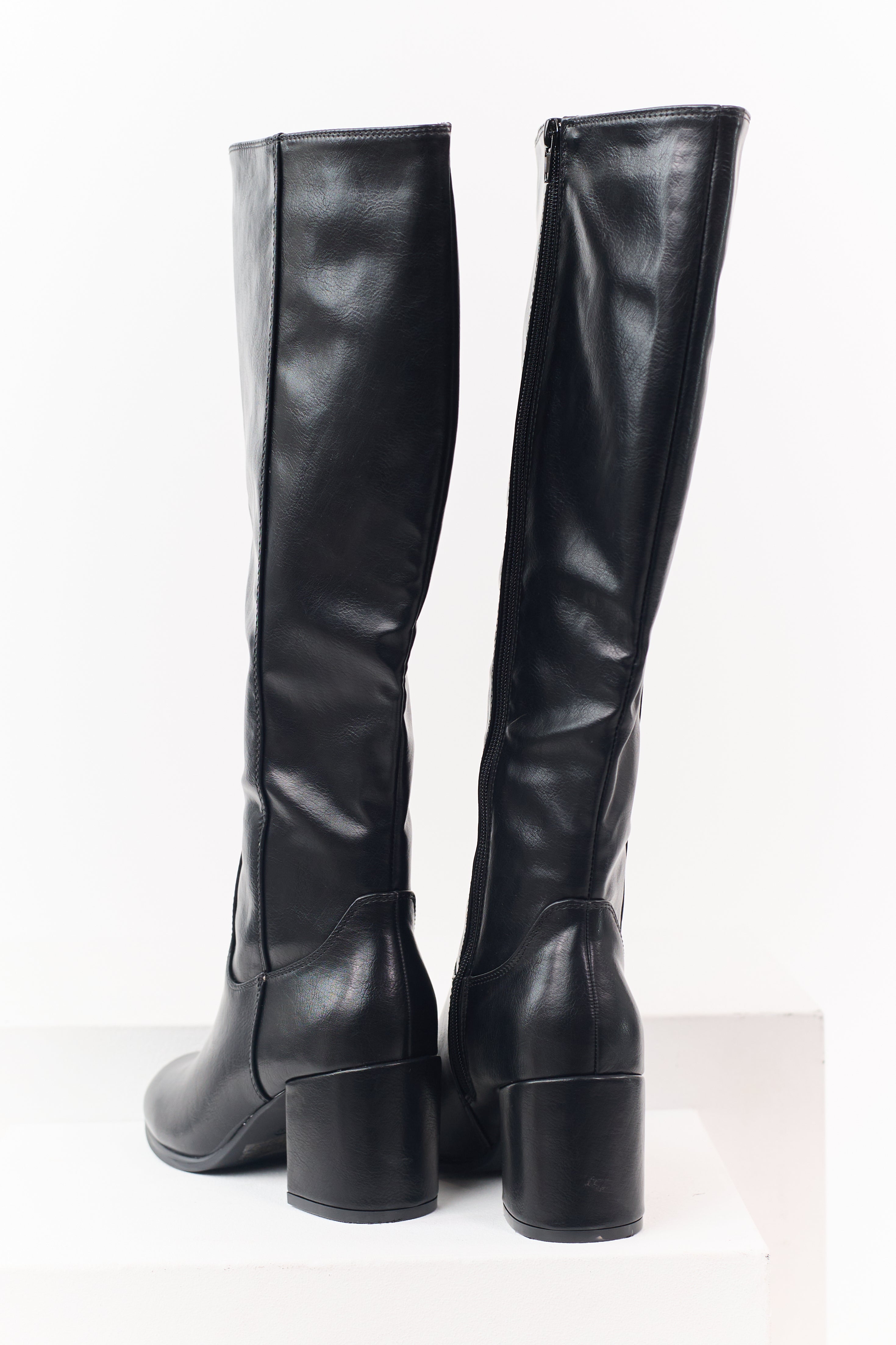 Black Faux Leather Tall Block Heel Boots