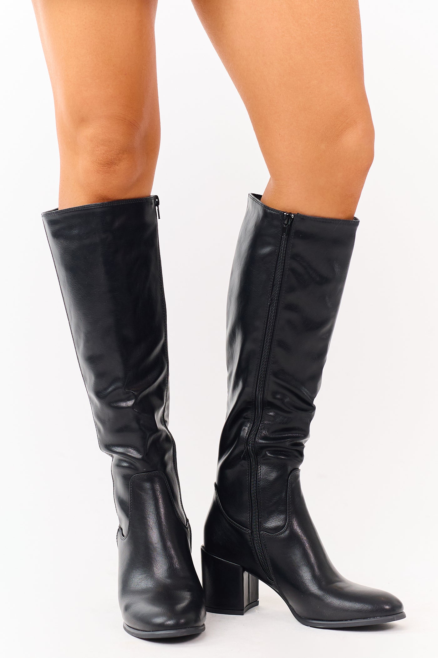 Black Faux Leather Tall Block Heel Boots