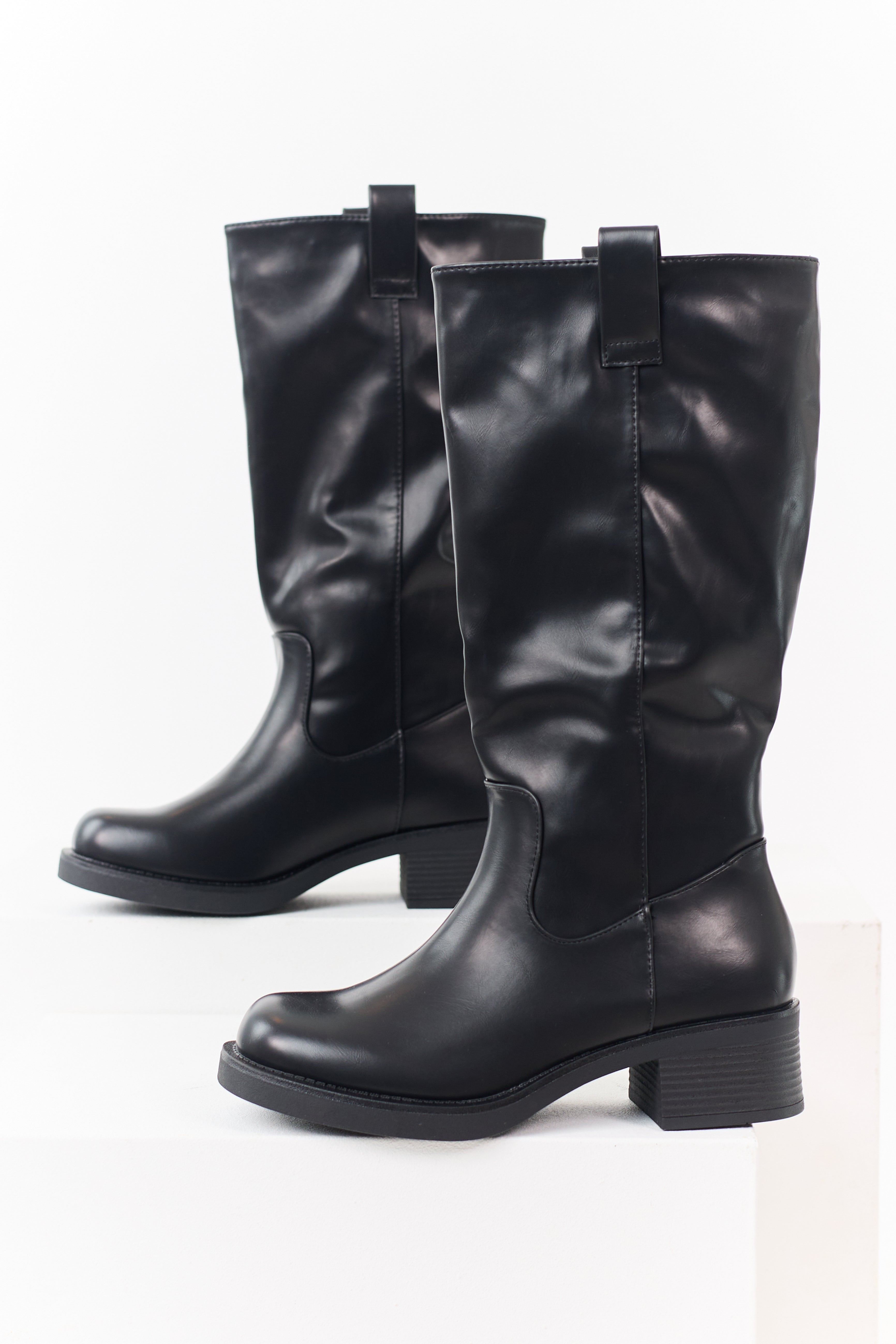 Black Faux Leather Tall Stacked Heel Boots