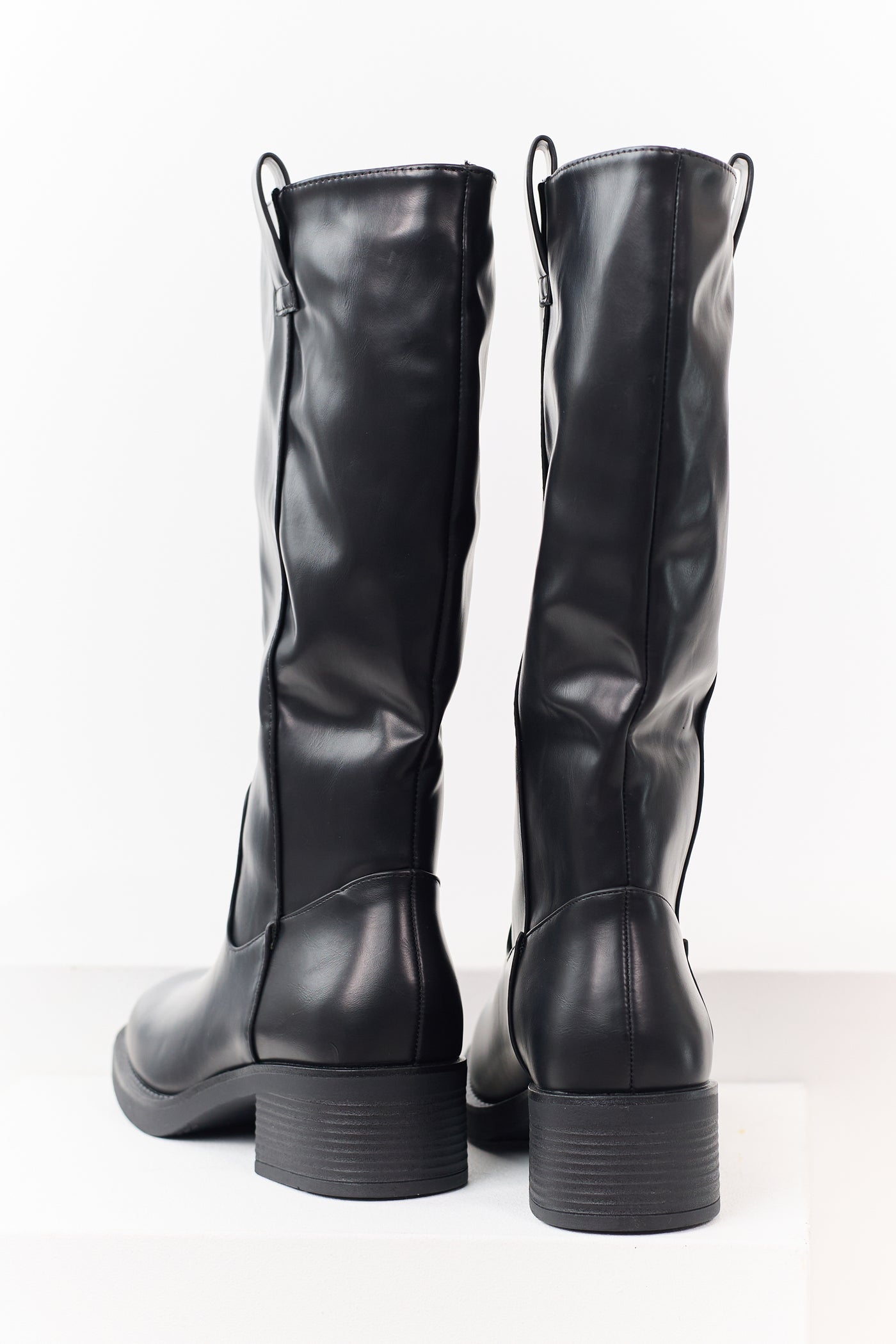 Black Faux Leather Tall Stacked Heel Boots