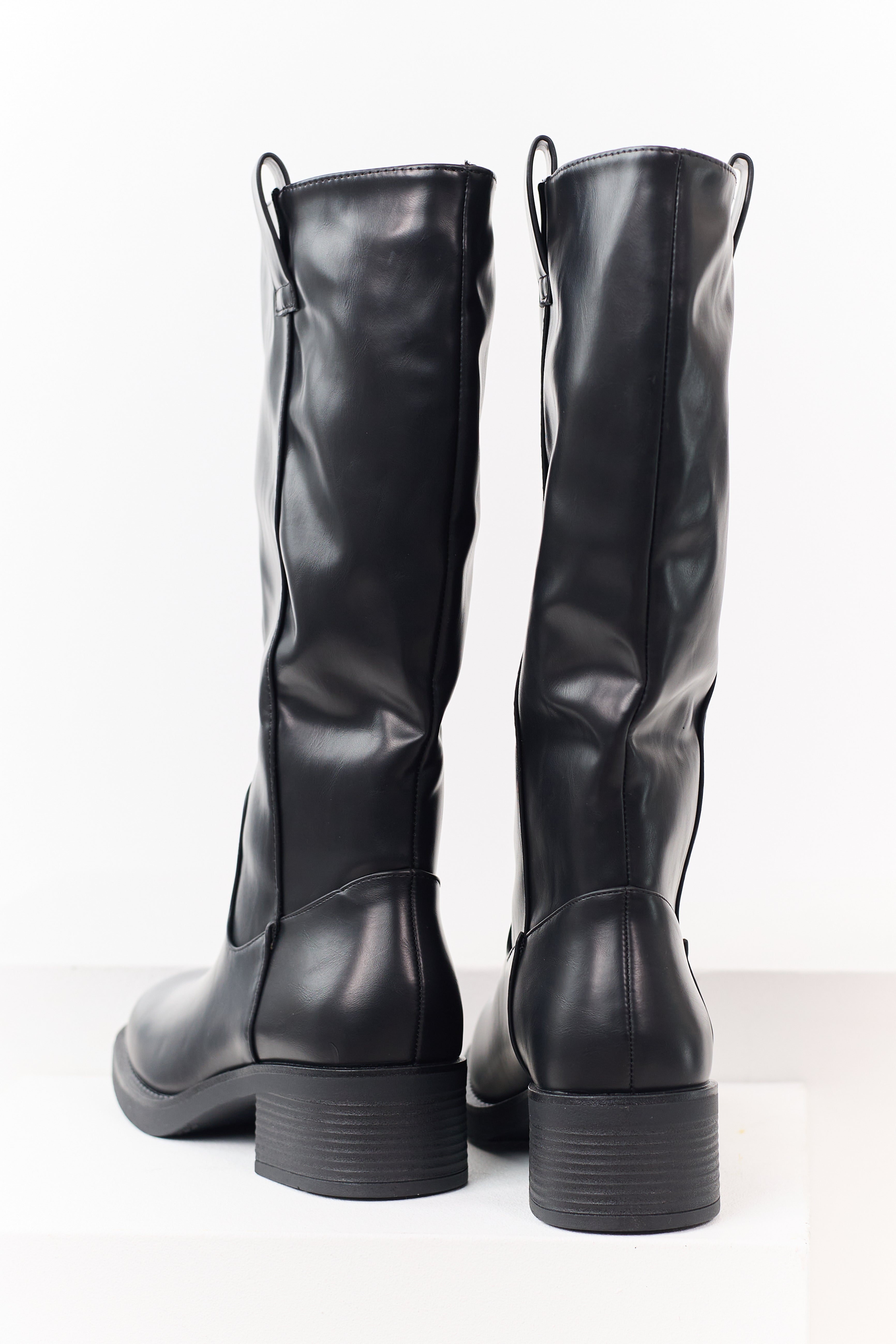 Black Faux Leather Tall Stacked Heel Boots