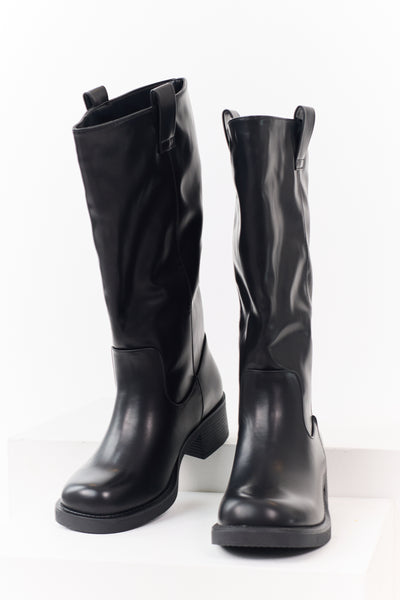 Black Faux Leather Tall Stacked Heel Boots