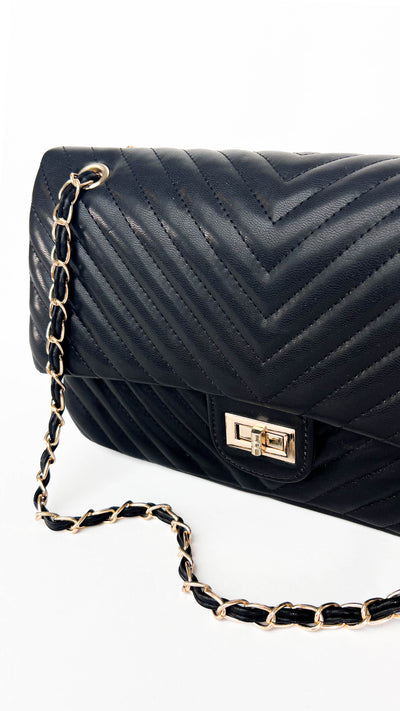 Black Faux Leather Textured Gold Chain Purse