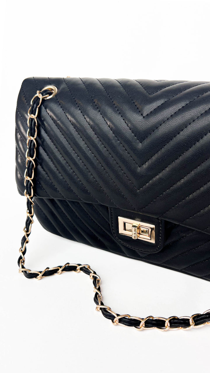Black Faux Leather Textured Gold Chain Purse