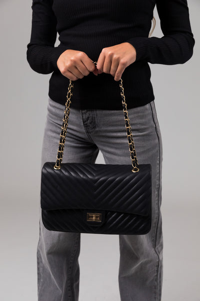 Black Faux Leather Textured Gold Chain Purse