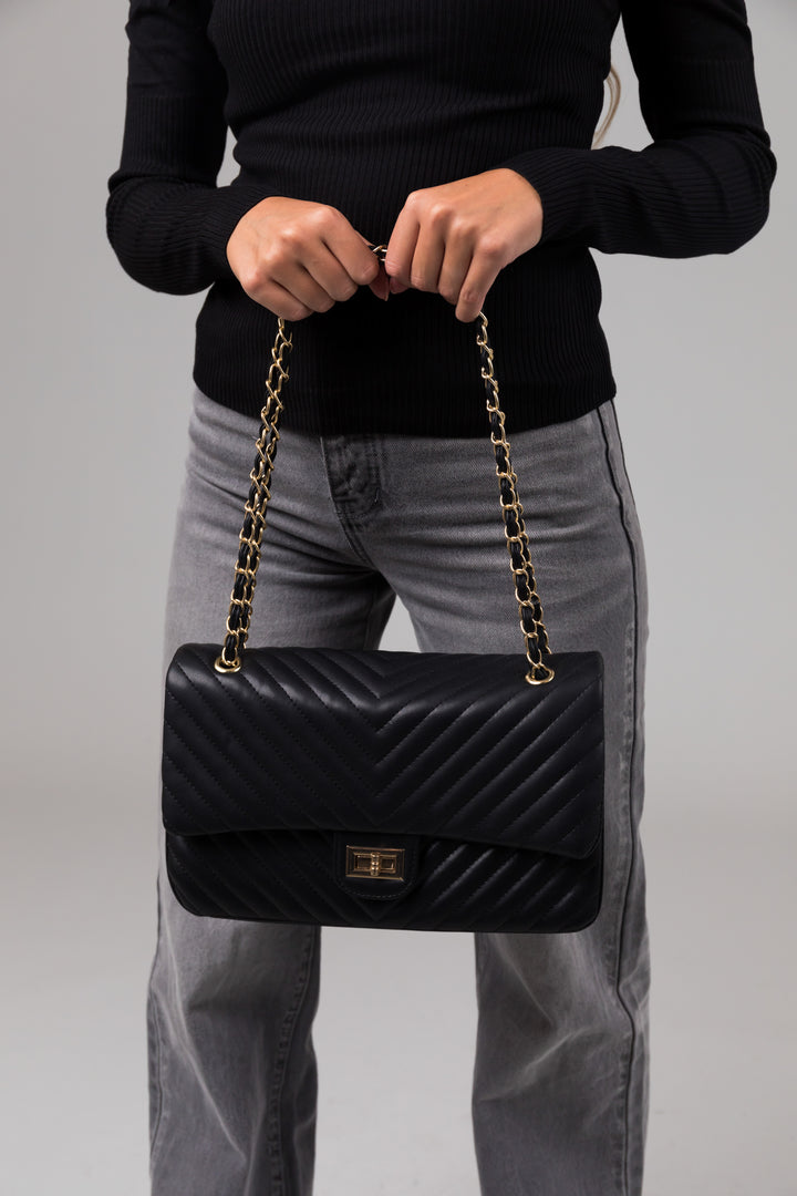Black Faux Leather Textured Gold Chain Purse
