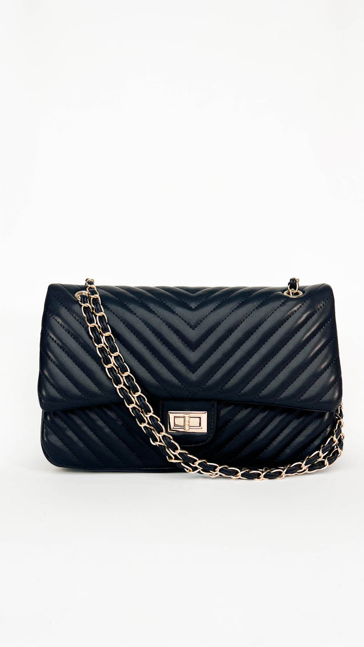 Black Faux Leather Textured Gold Chain Purse