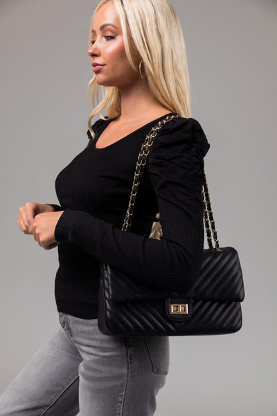 Black Faux Leather Textured Gold Chain Purse