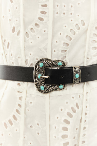 Black Faux Leather Turquoise Studded Buckle Belt