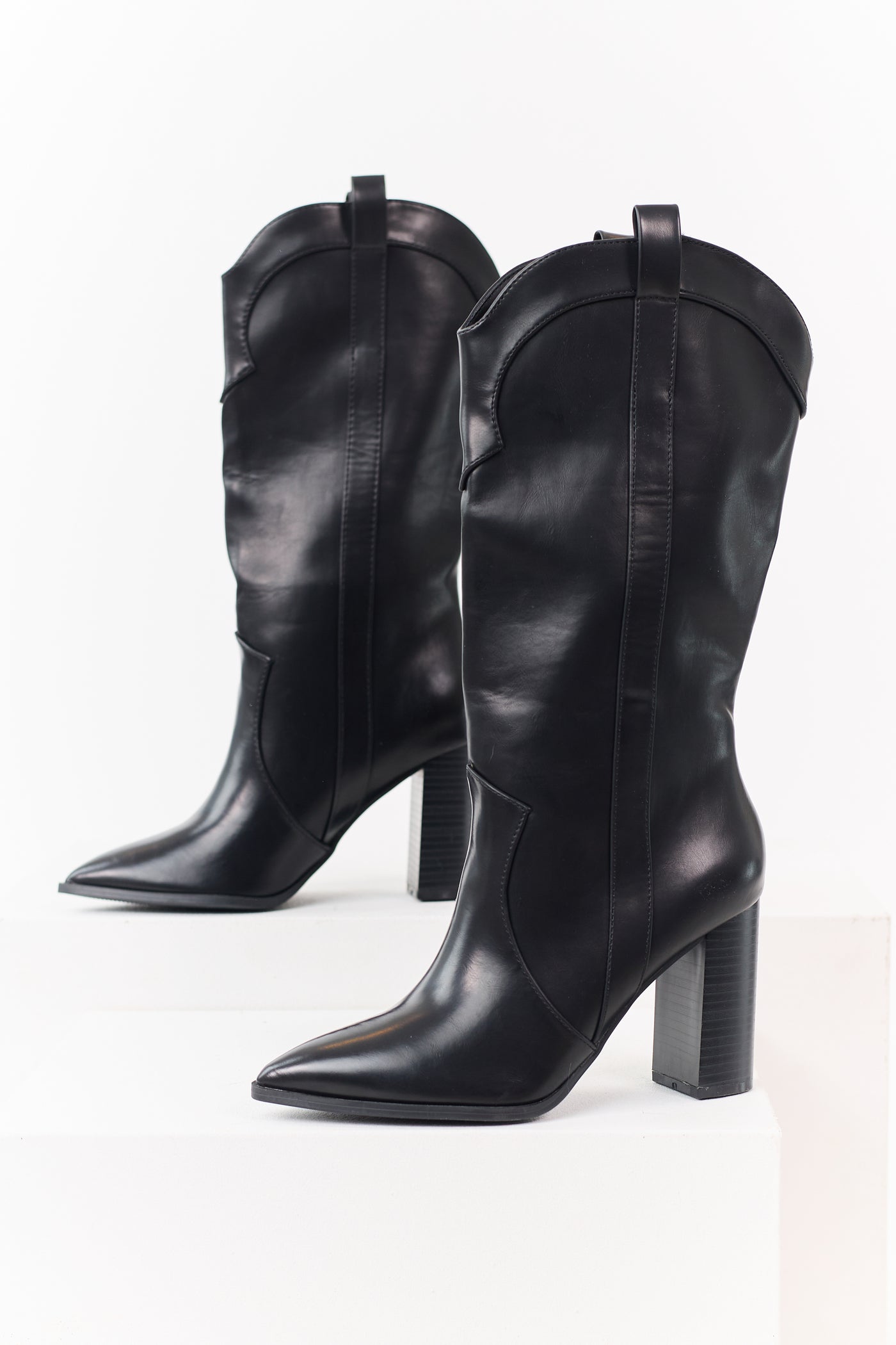 Black Faux Leather Western Block Heel Tall Boots
