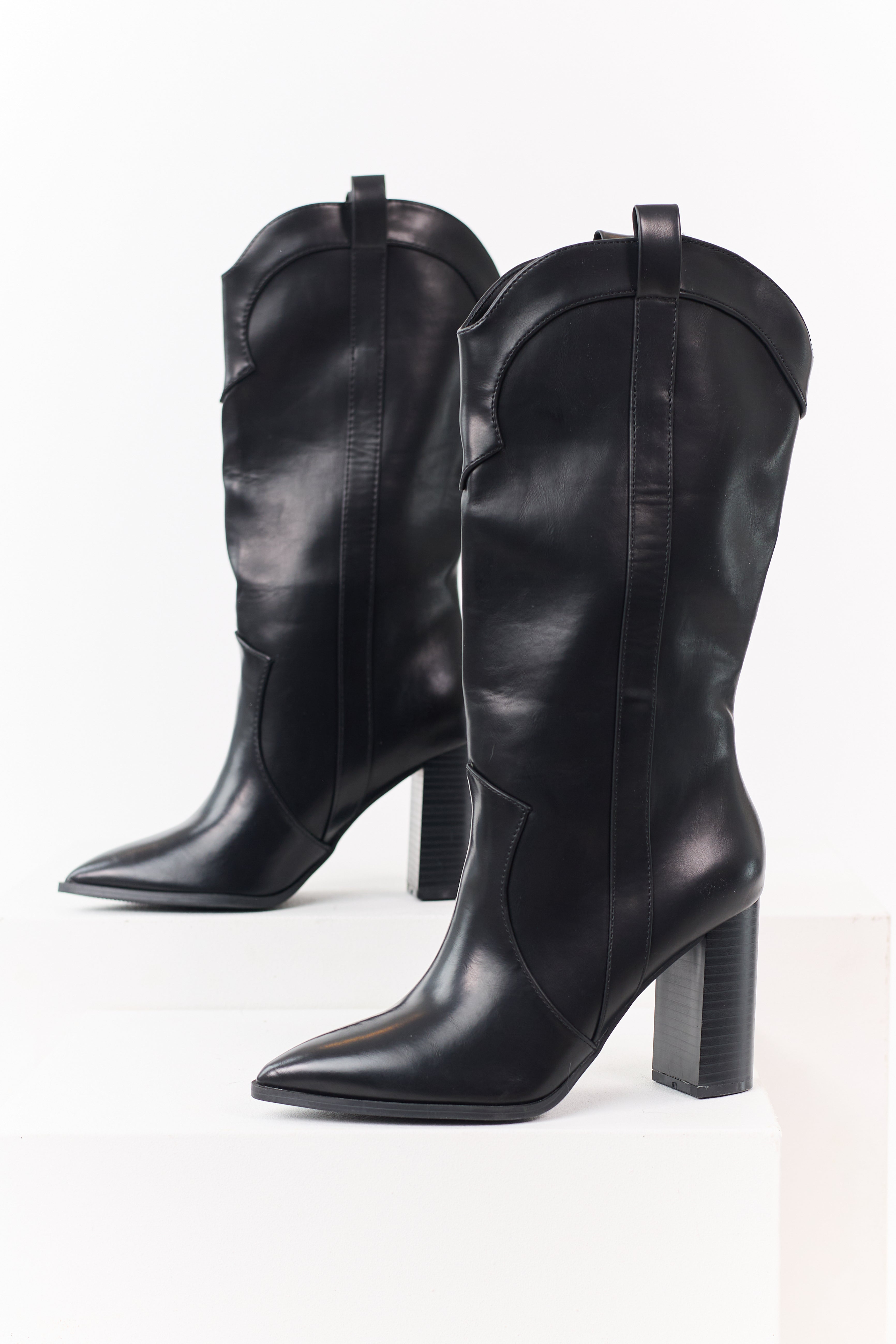 Black Faux Leather Western Block Heel Tall Boots