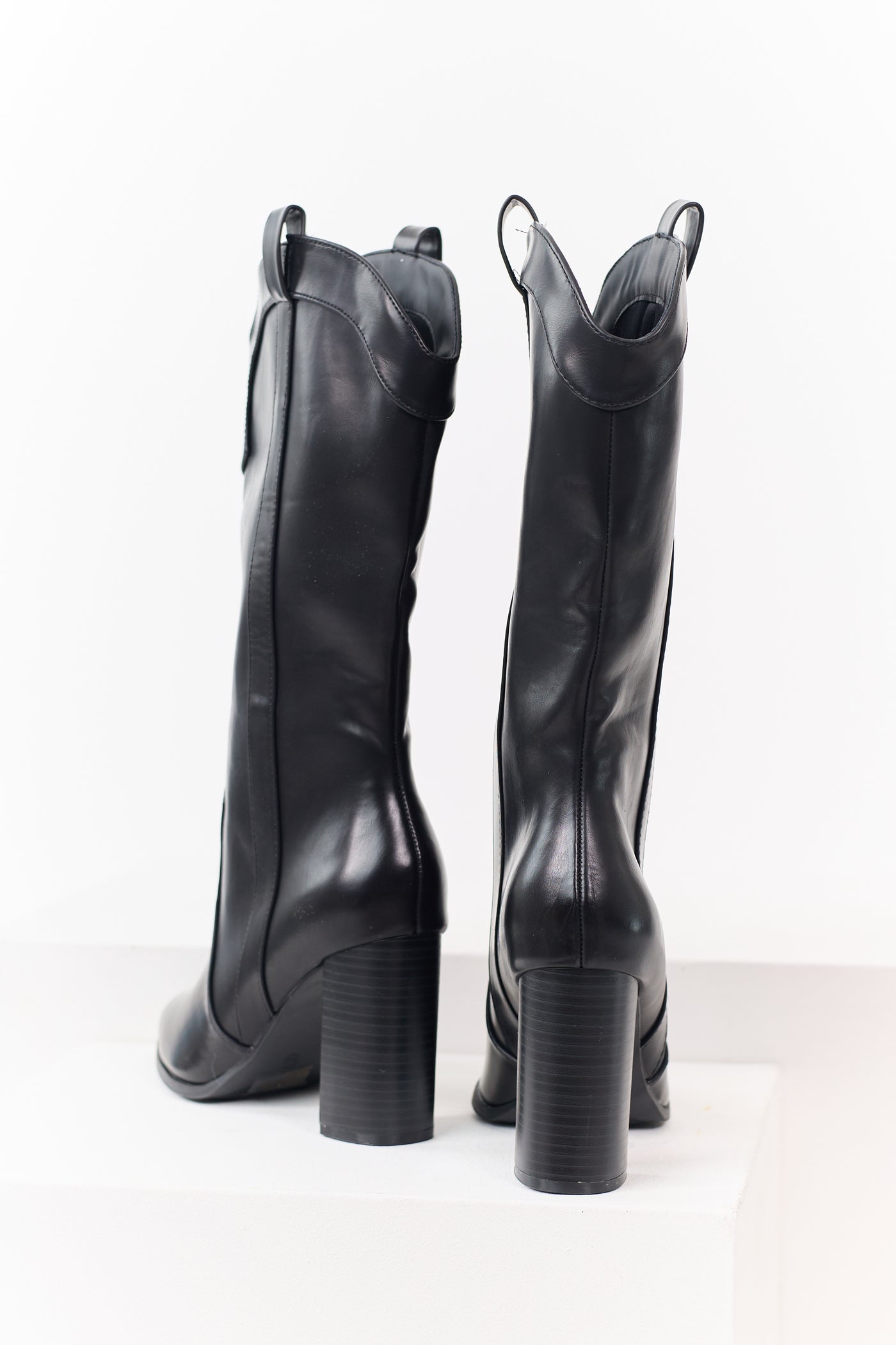 Black Faux Leather Western Block Heel Tall Boots