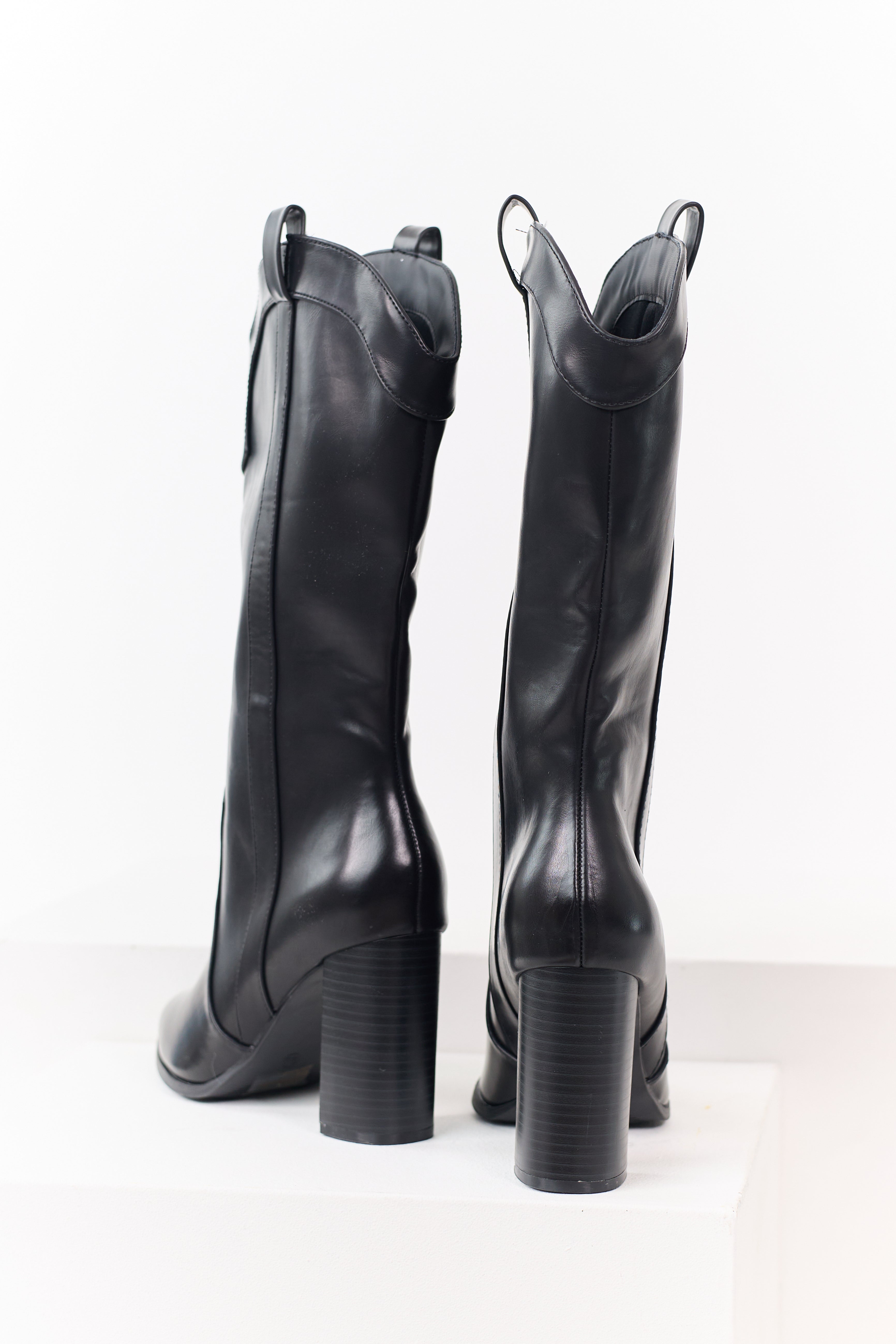 Black Faux Leather Western Block Heel Tall Boots