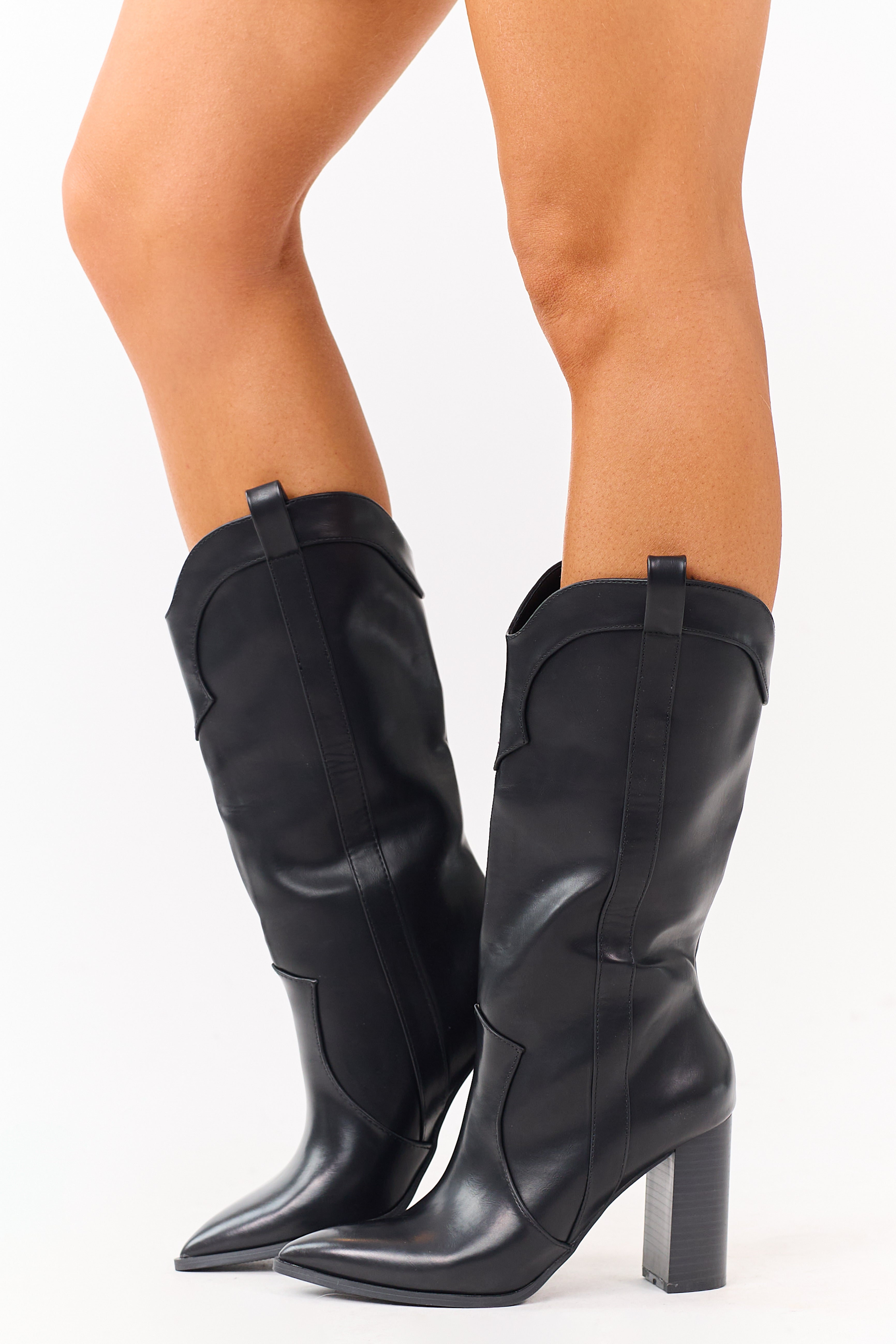 Black Faux Leather Western Block Heel Tall Boots
