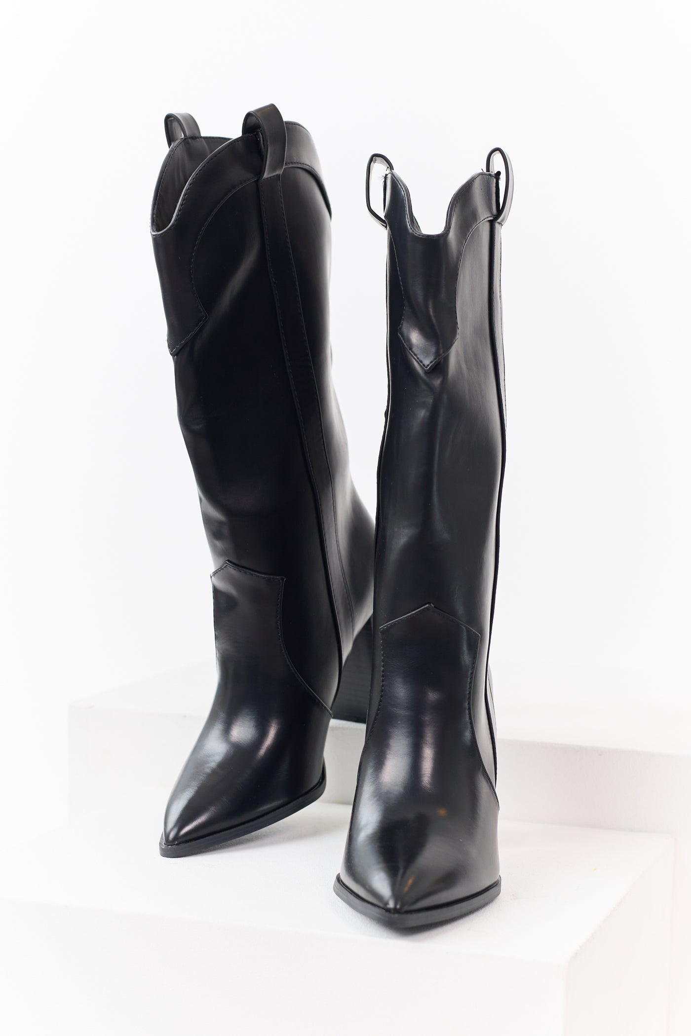 Black Faux Leather Western Block Heel Tall Boots