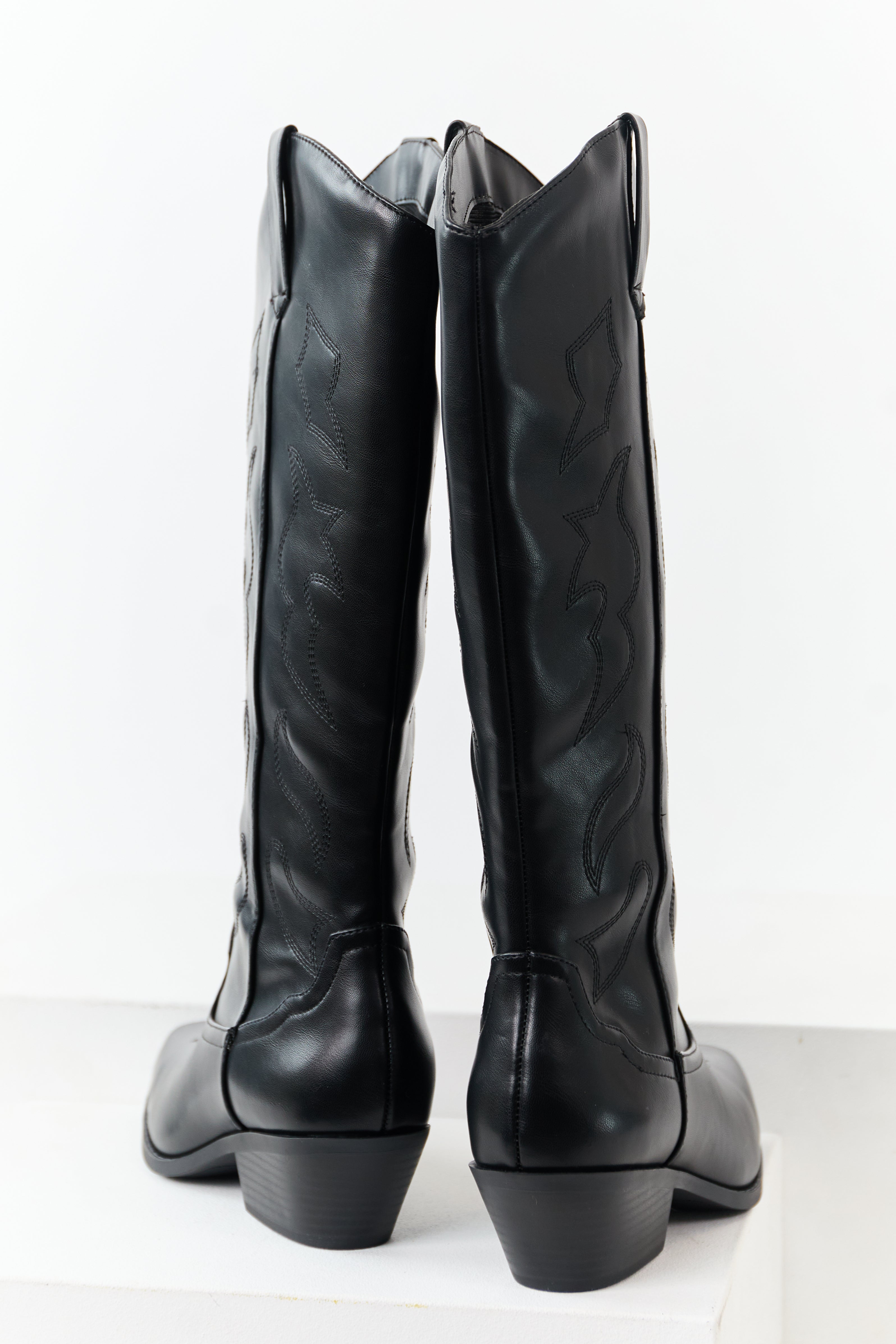 Black Faux Leather Western Embroidered Tall Boots