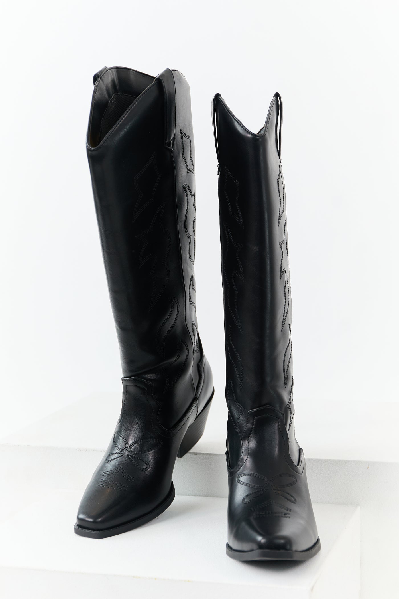 Black Faux Leather Western Embroidered Tall Boots