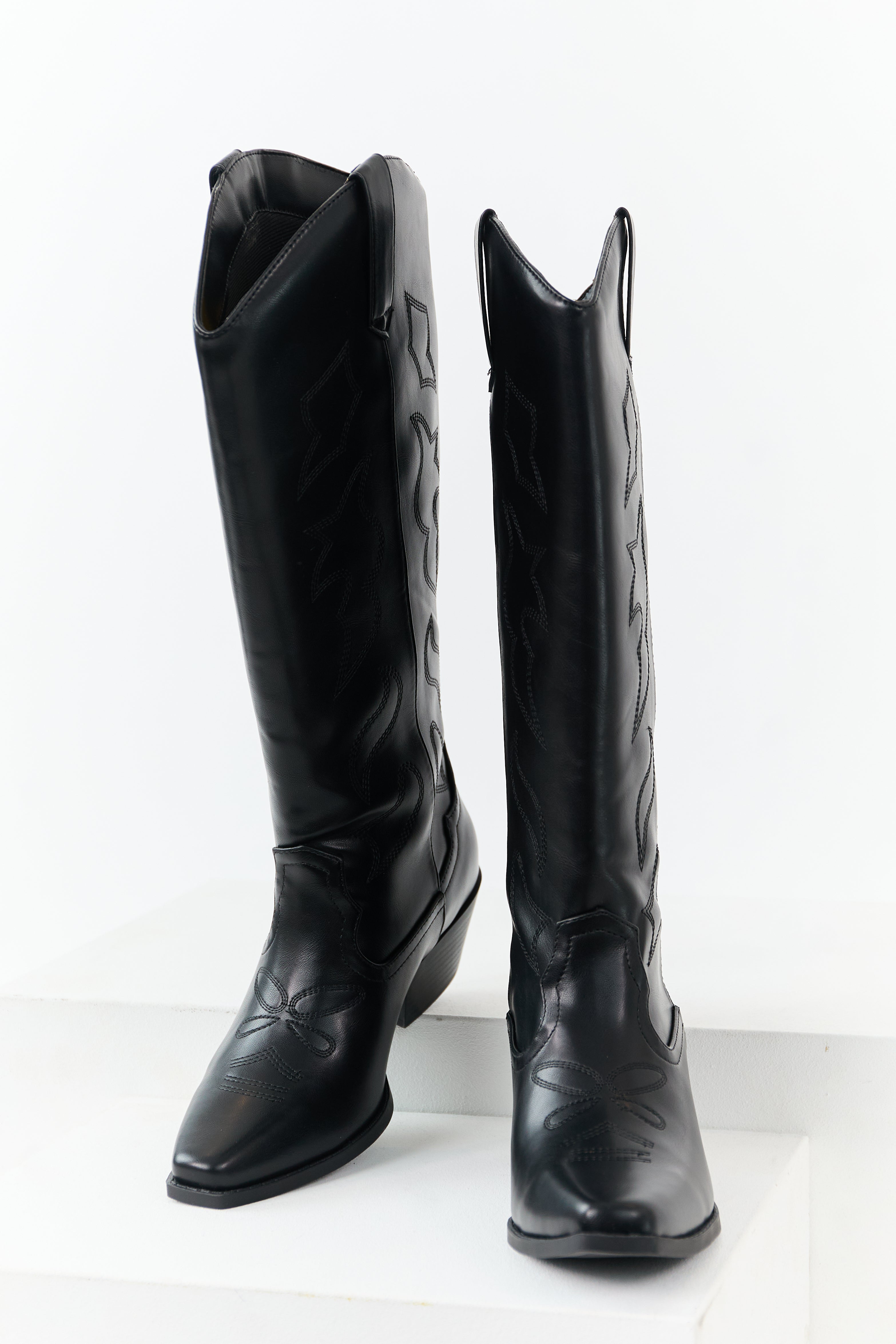 Black Faux Leather Western Embroidered Tall Boots