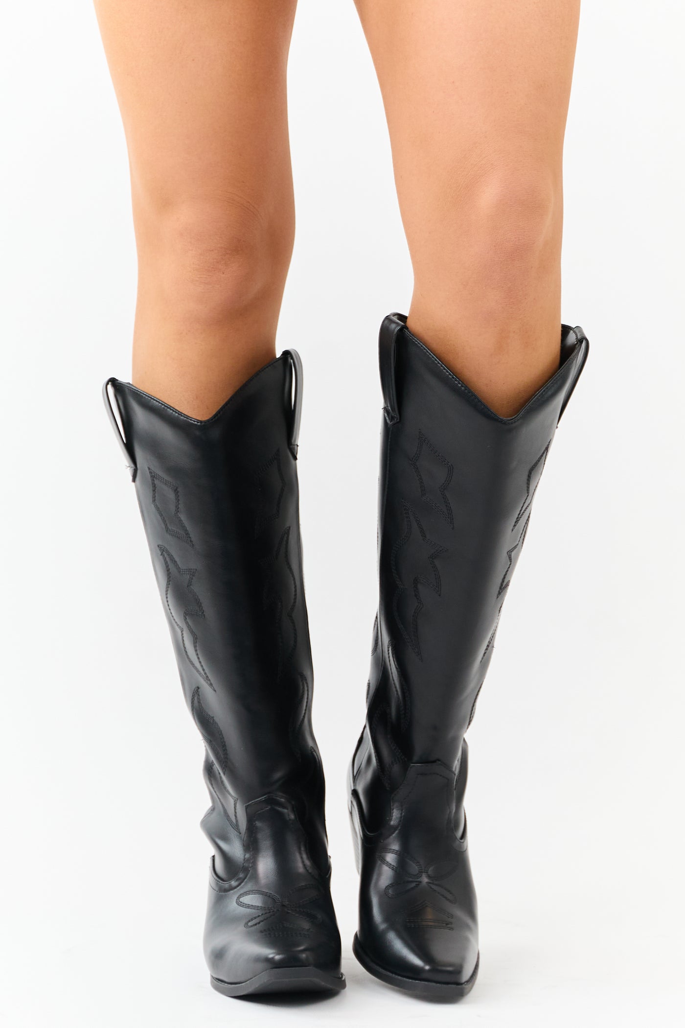 Black Faux Leather Western Embroidered Tall Boots