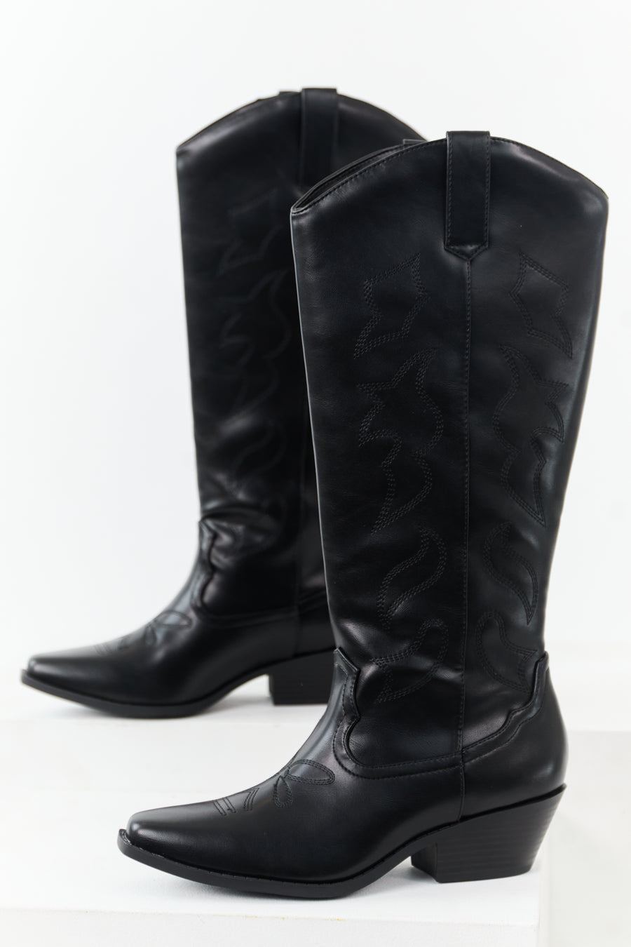 Black Faux Leather Western Embroidered Tall Boots