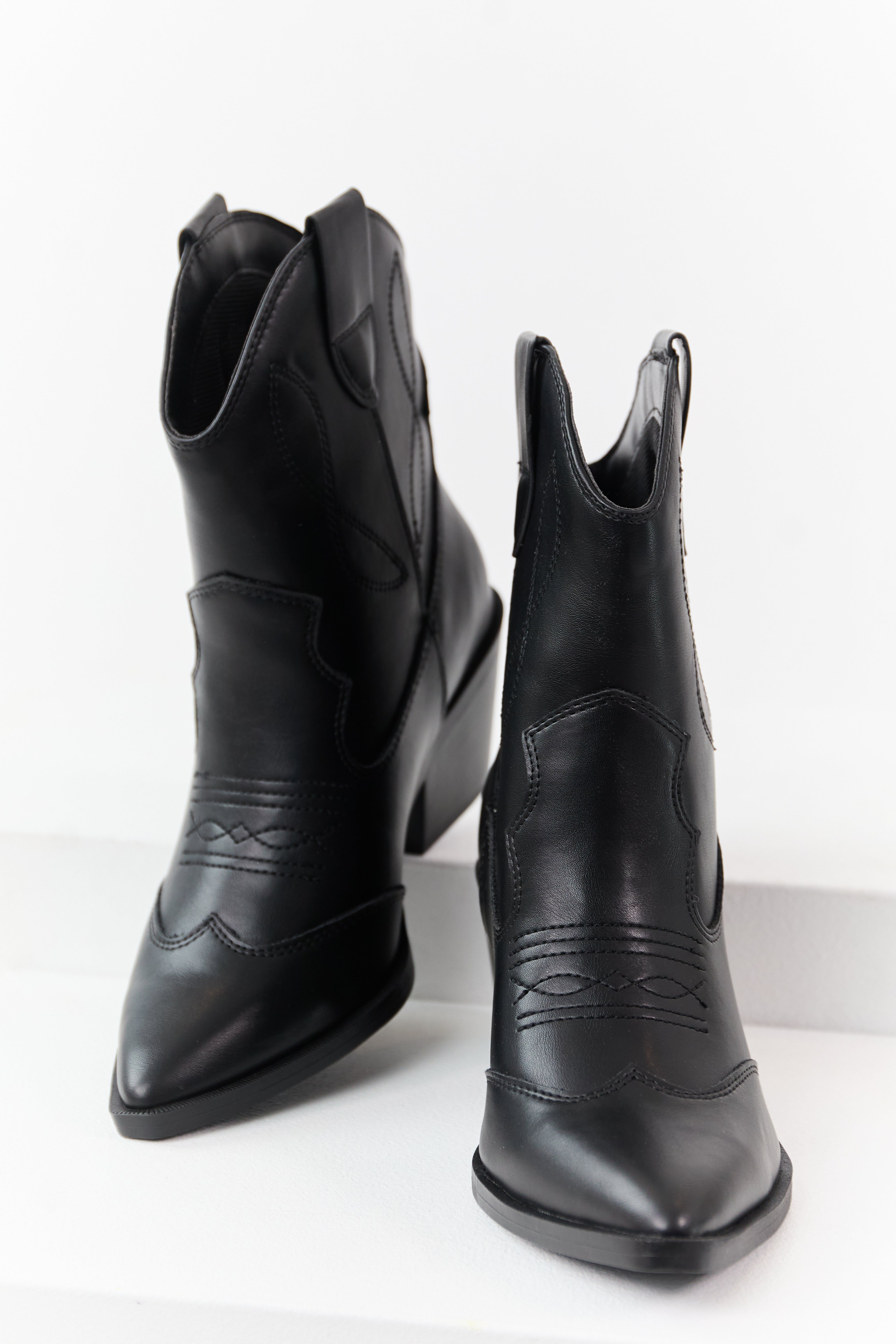 Black Faux Leather Western Style Short Boots