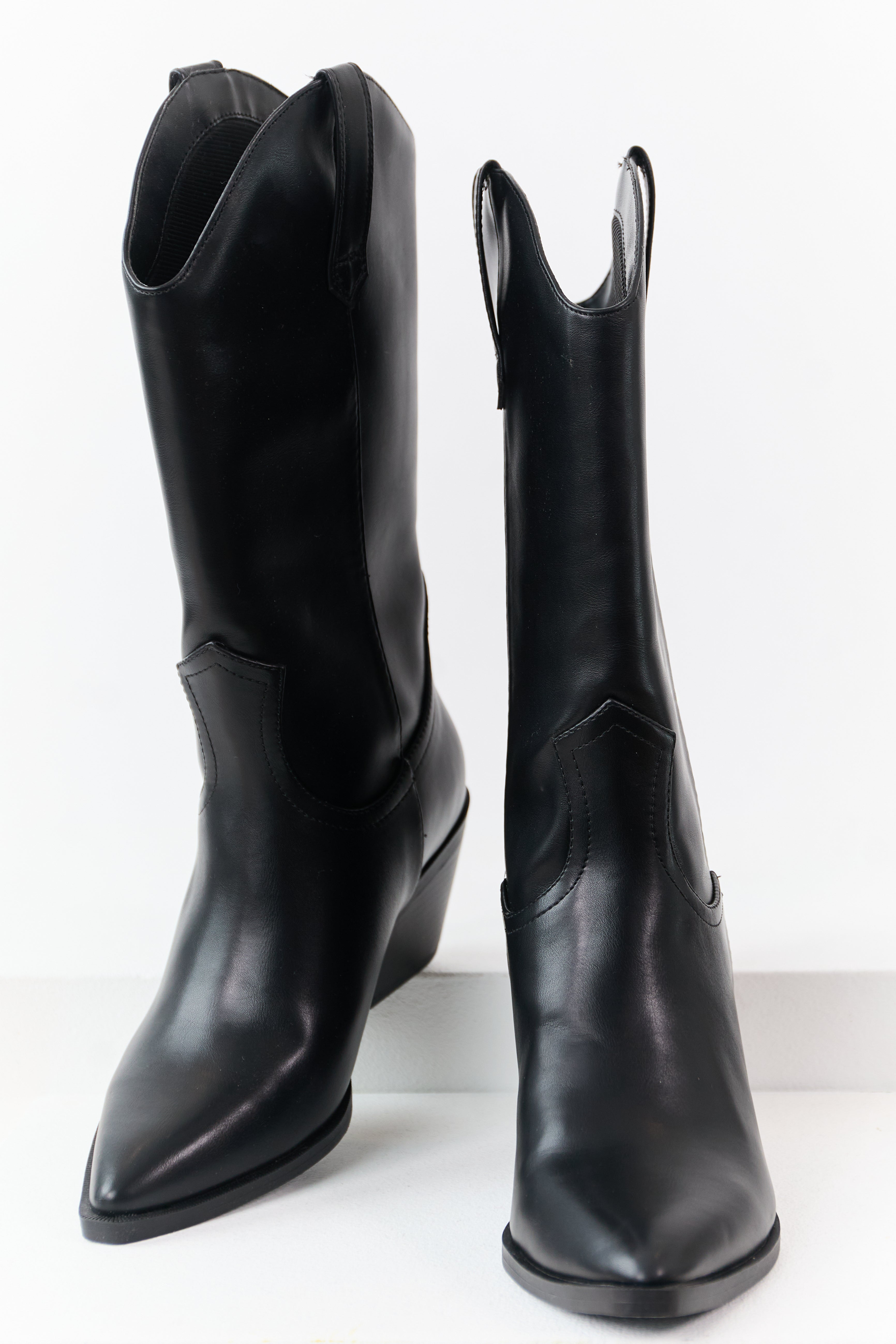 Black Faux Leather Western Style Tall Boots