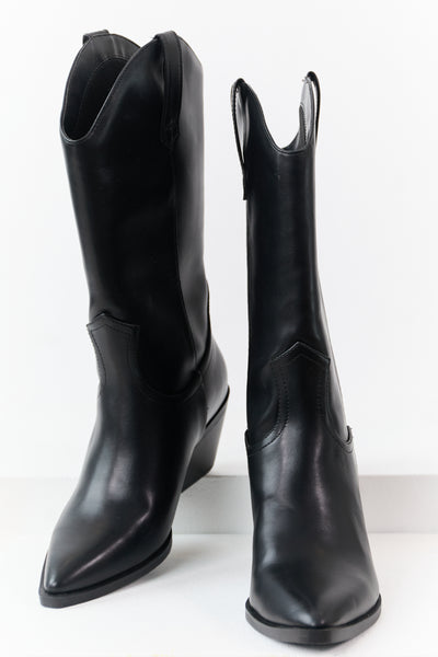 Black Faux Leather Western Style Tall Boots