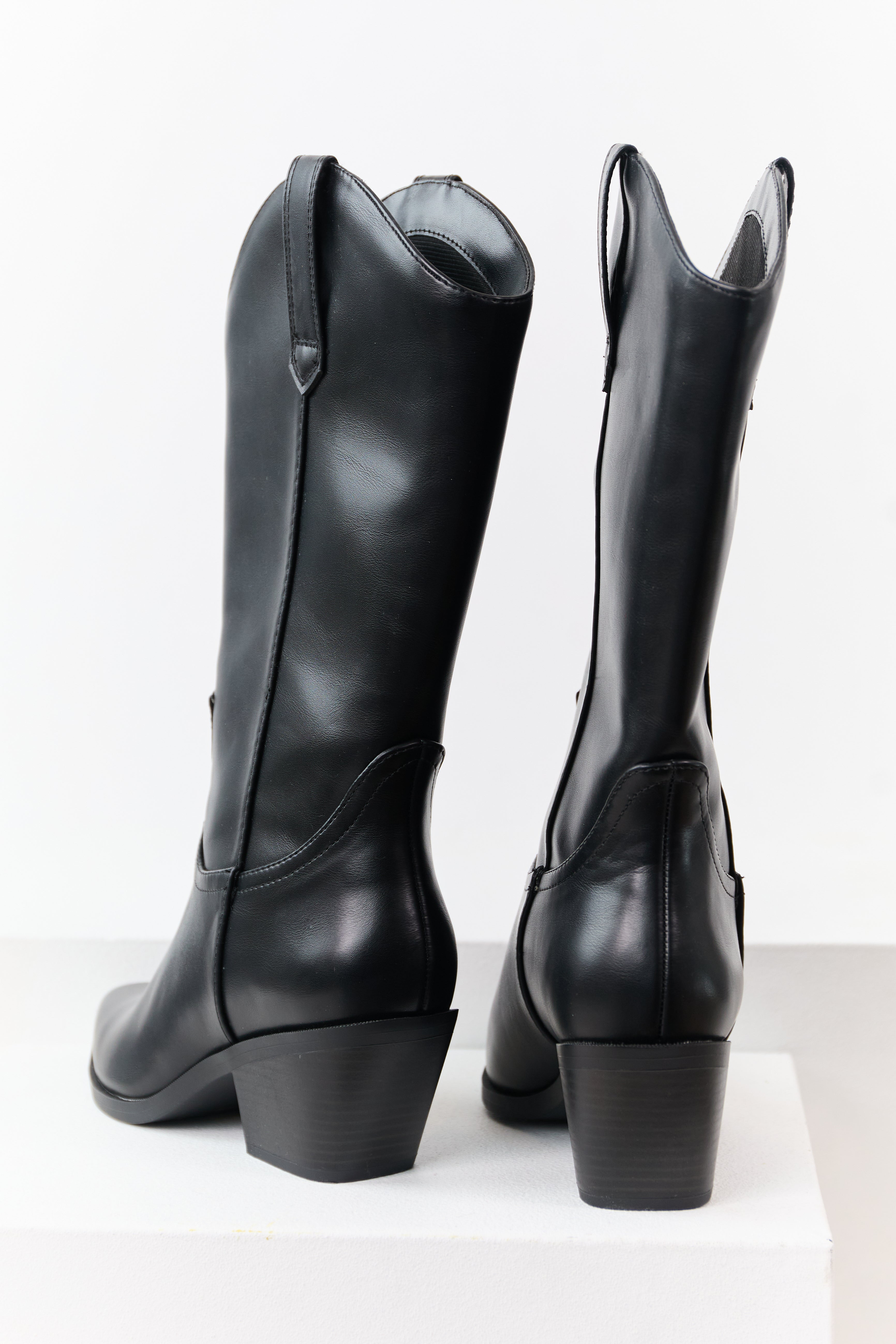 Black Faux Leather Western Style Tall Boots