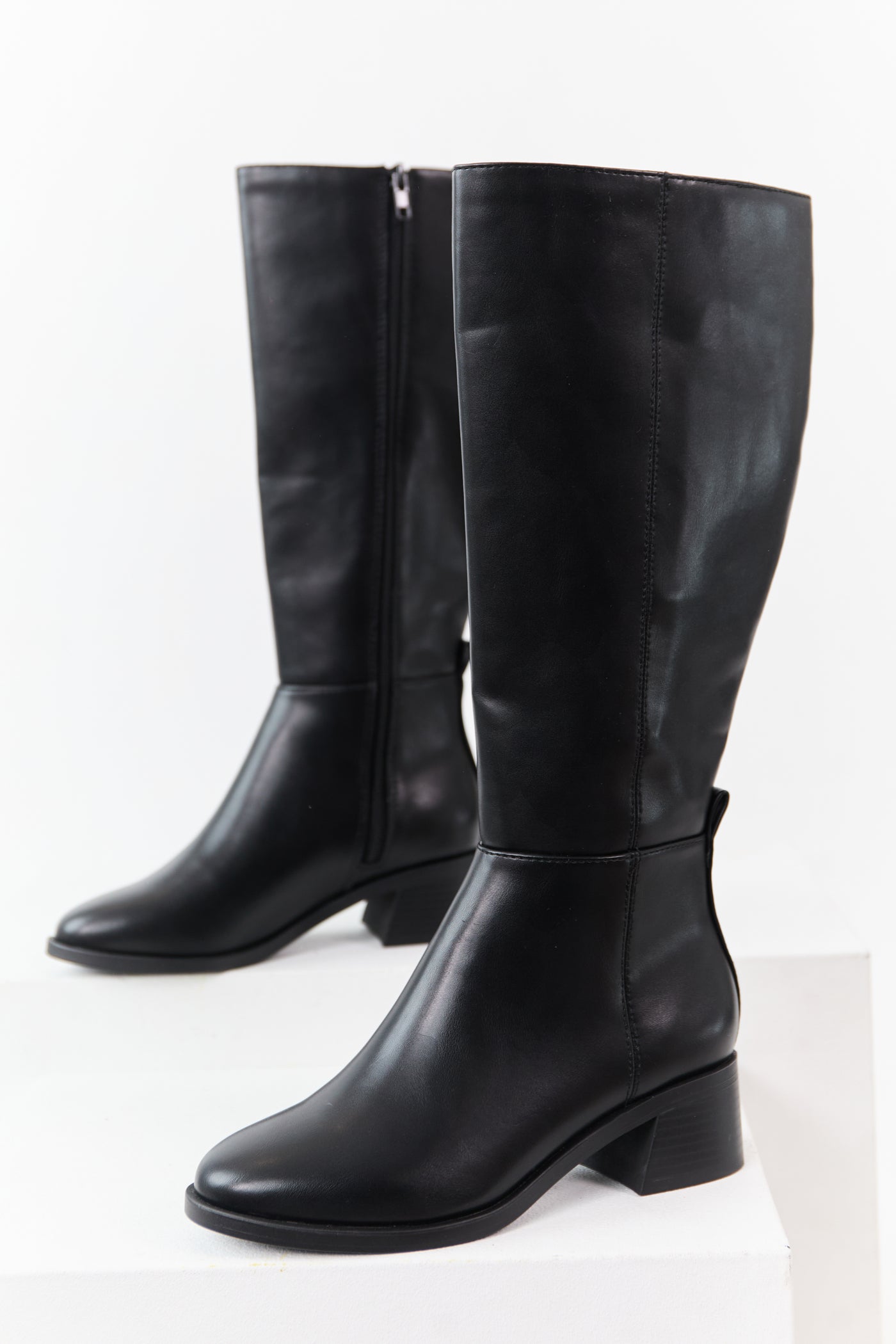 Black Faux Leather Wide Calf Block Heel Tall Boots
