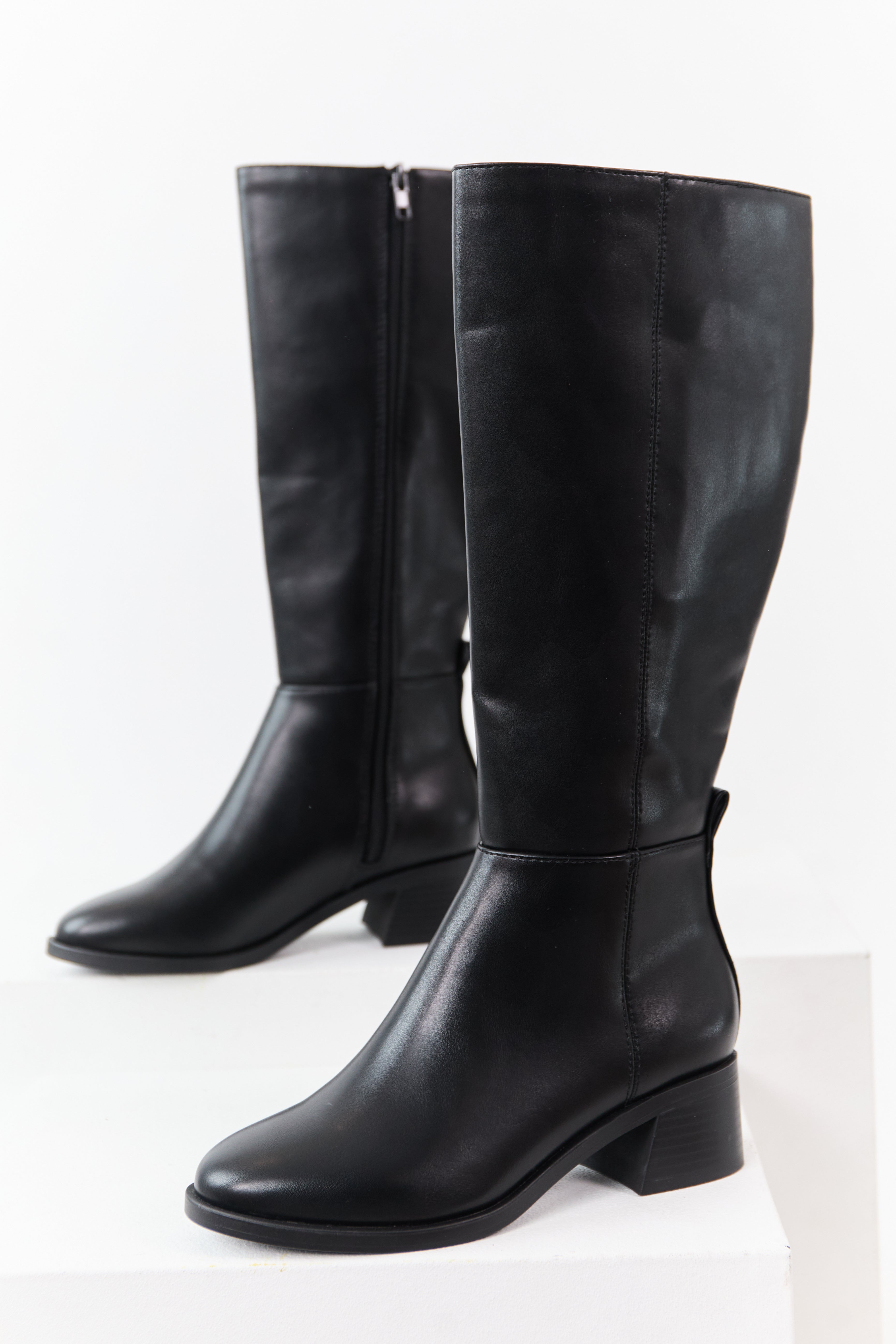 Black Faux Leather Wide Calf Block Heel Tall Boots