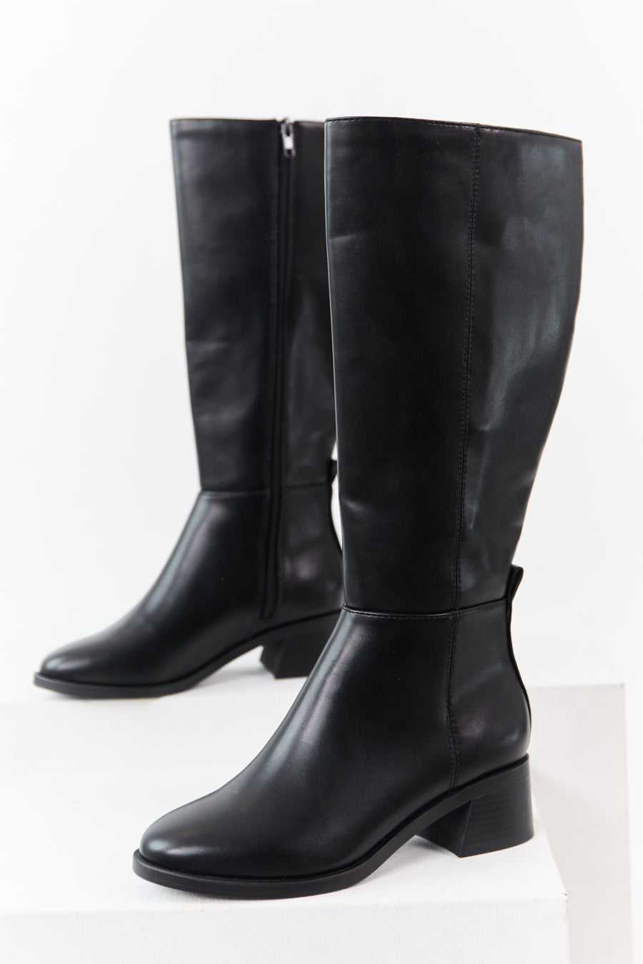 Black Faux Leather Wide Calf Block Heel Tall Boots