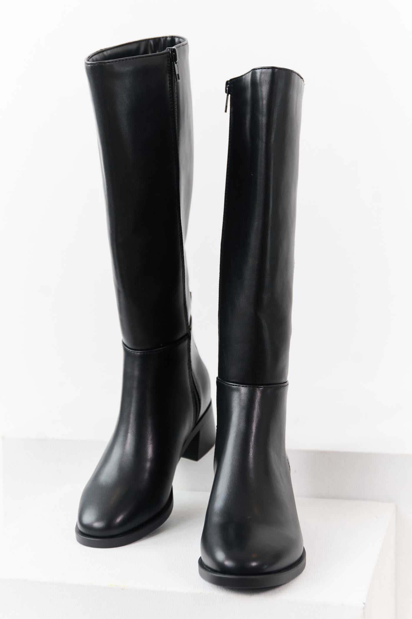 Black Faux Leather Wide Calf Block Heel Tall Boots