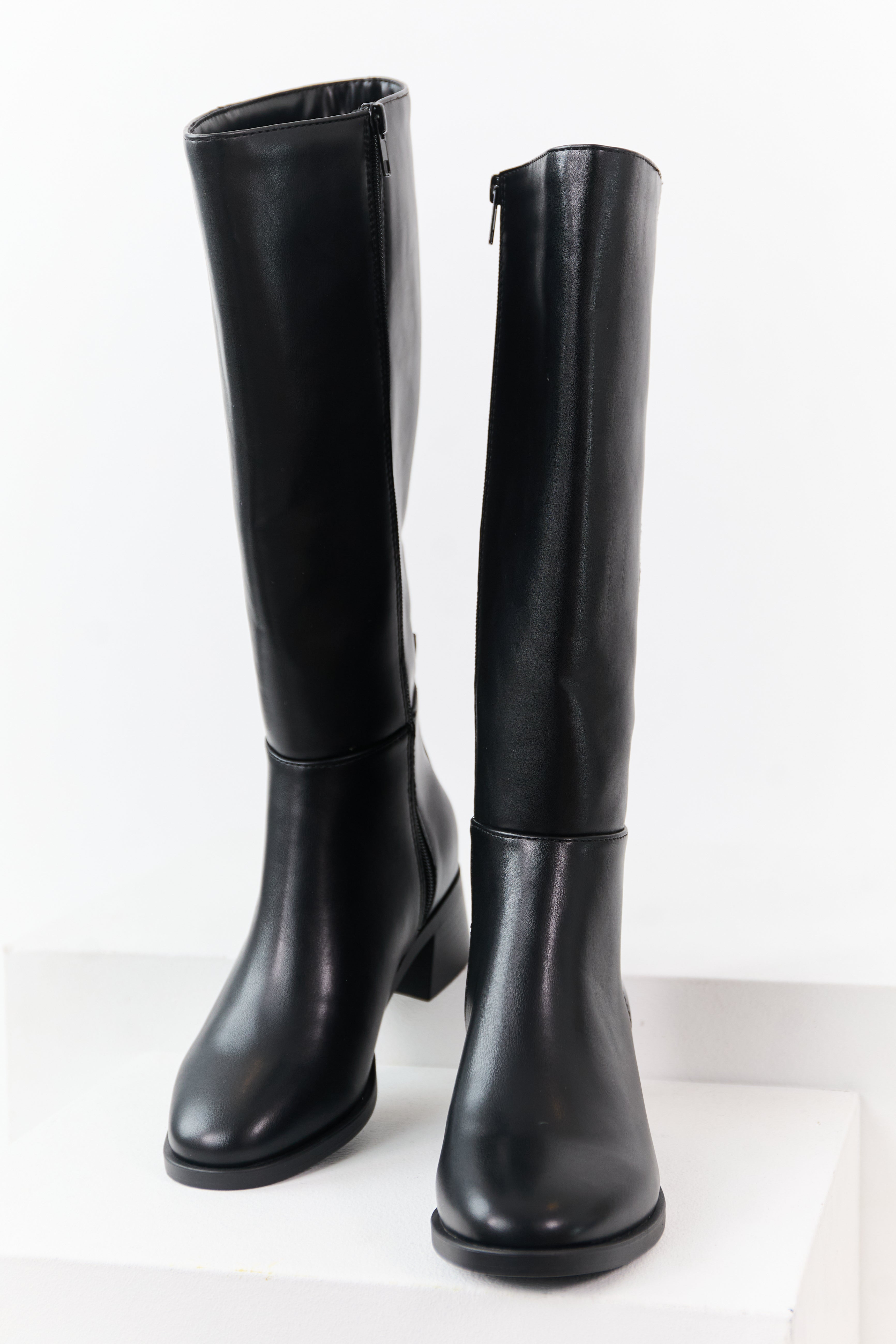 Black Faux Leather Wide Calf Block Heel Tall Boots