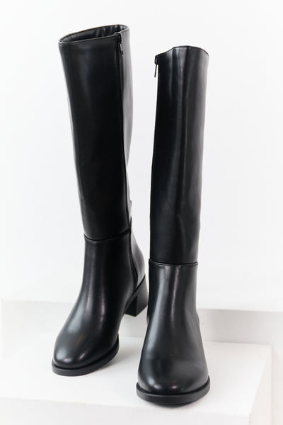 Black Faux Leather Wide Calf Block Heel Tall Boots