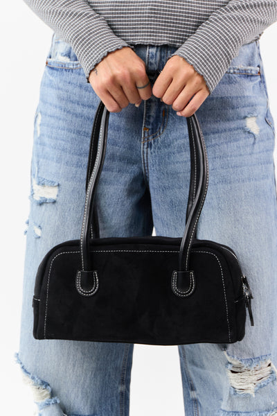 Black Faux Suede Baguette Handbag