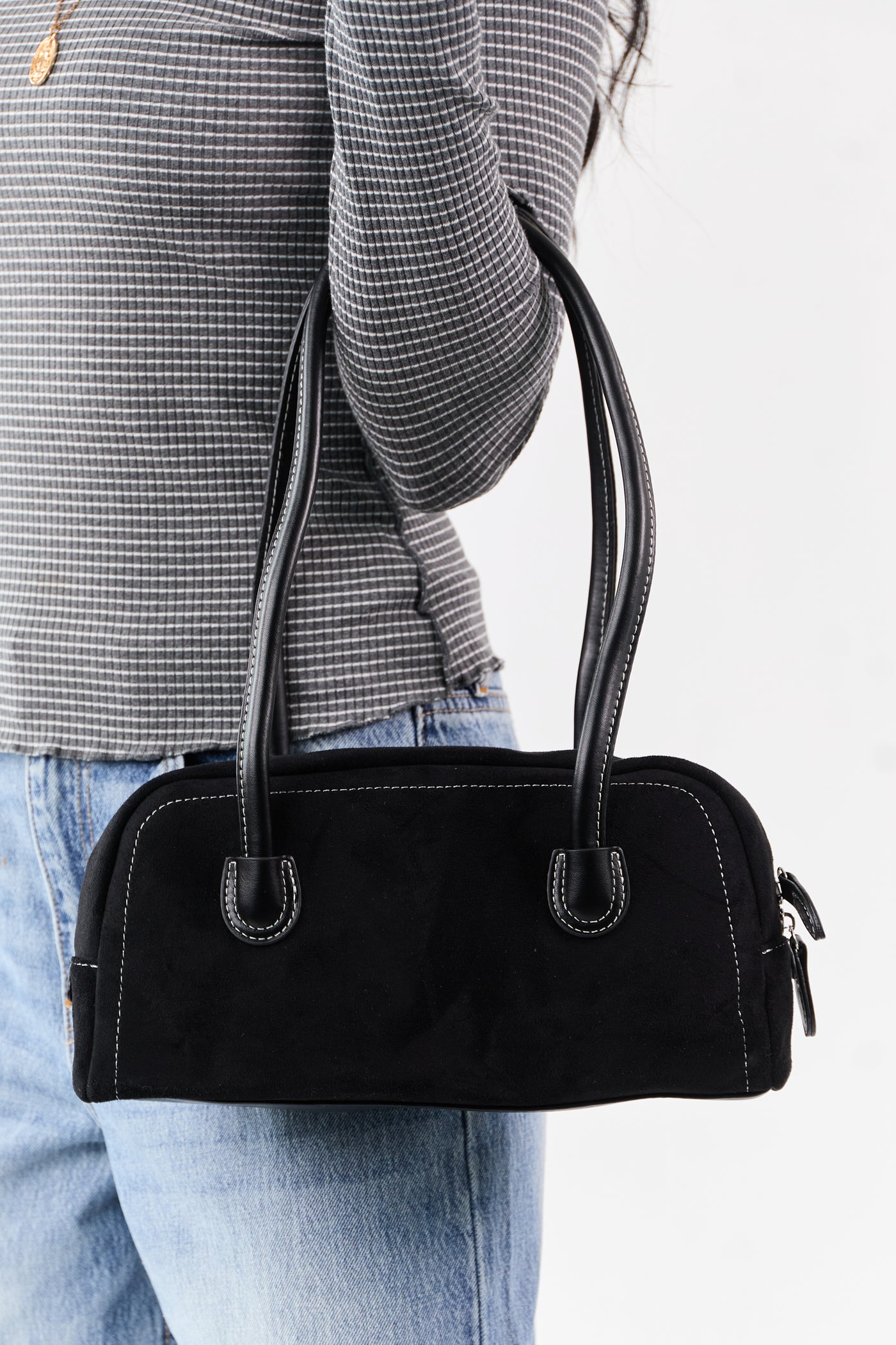 Black Faux Suede Baguette Handbag