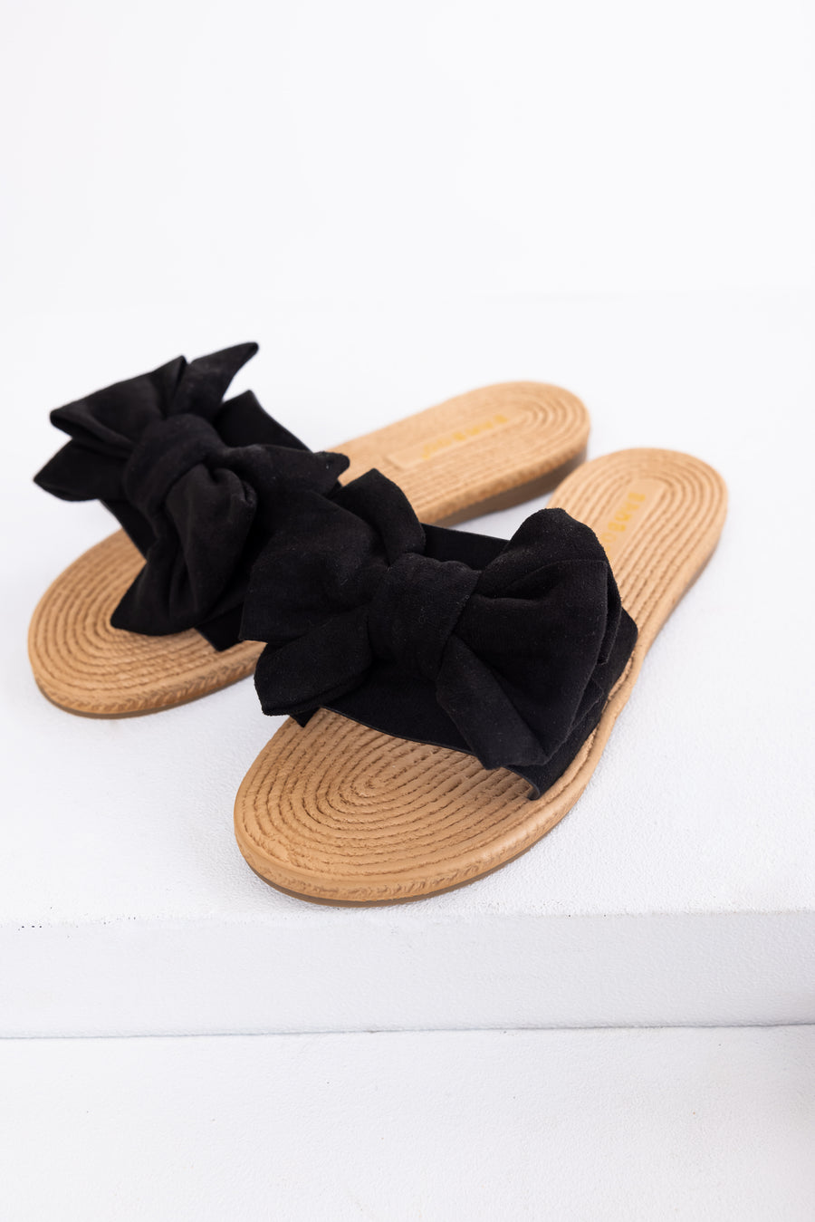 Black Faux Suede Bow Slide On Sandals