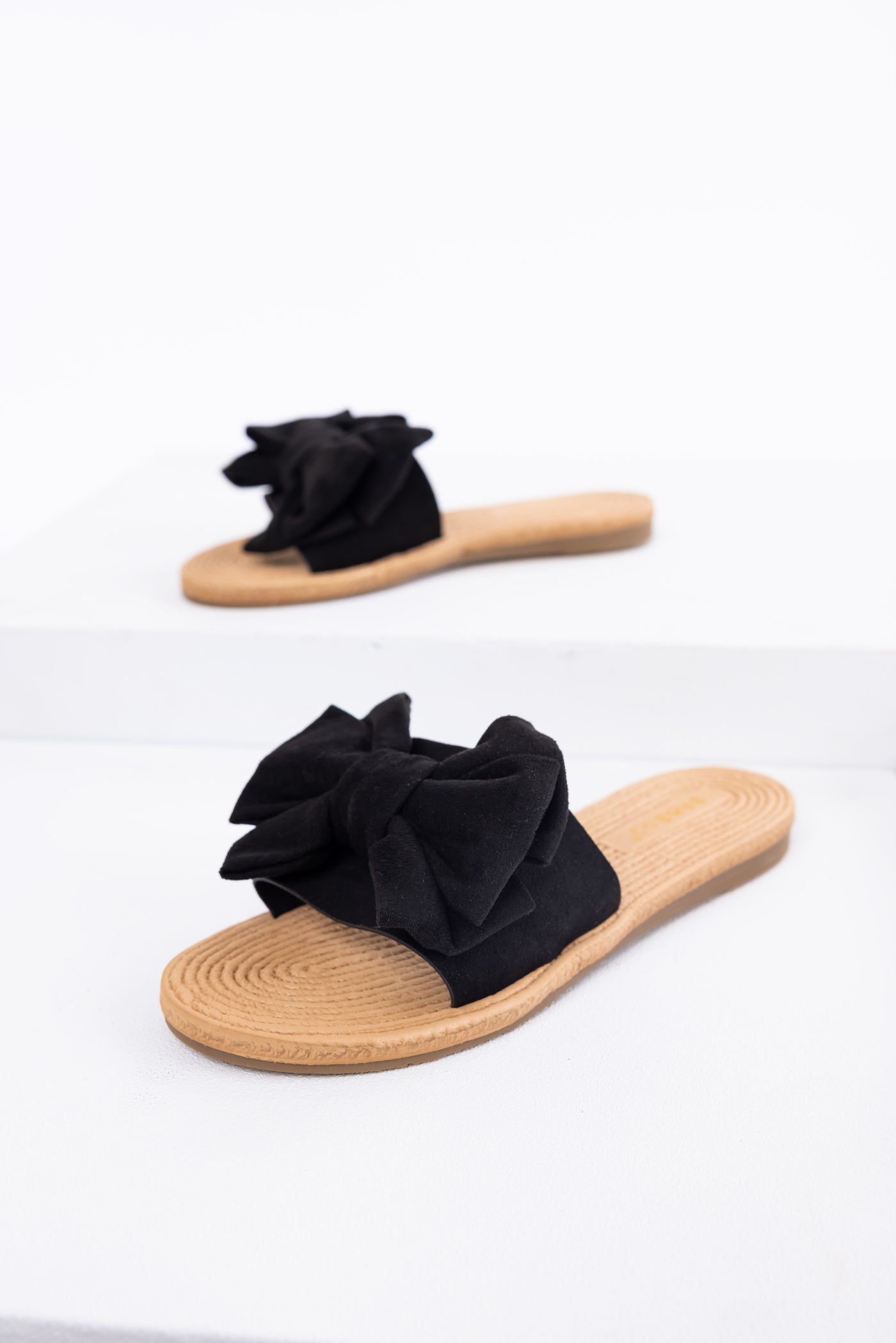Black Faux Suede Bow Slide On Sandals